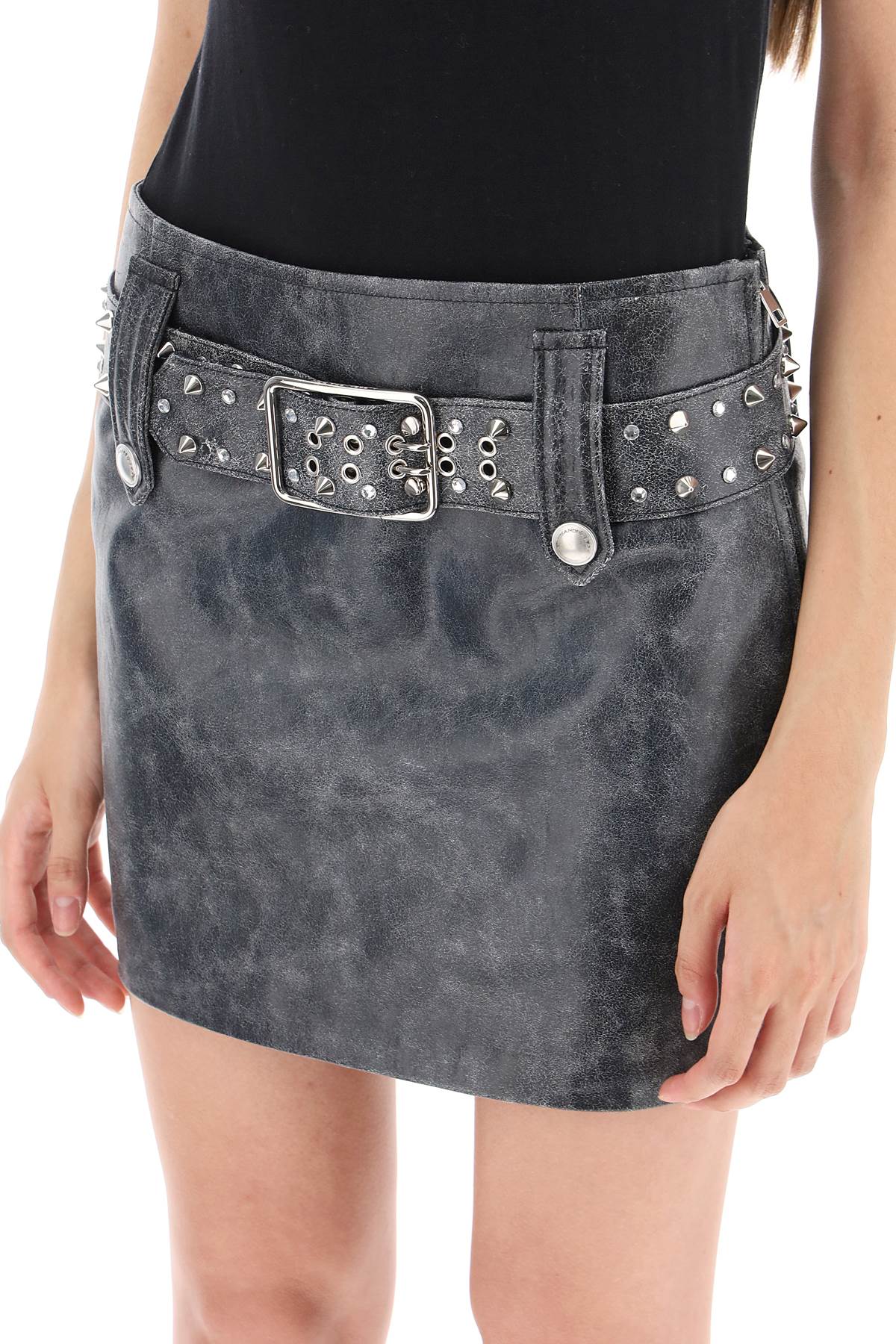 Shop Alessandra Rich Leather Mini Skirt With Belt And Appliques In Dark Grey (grey)