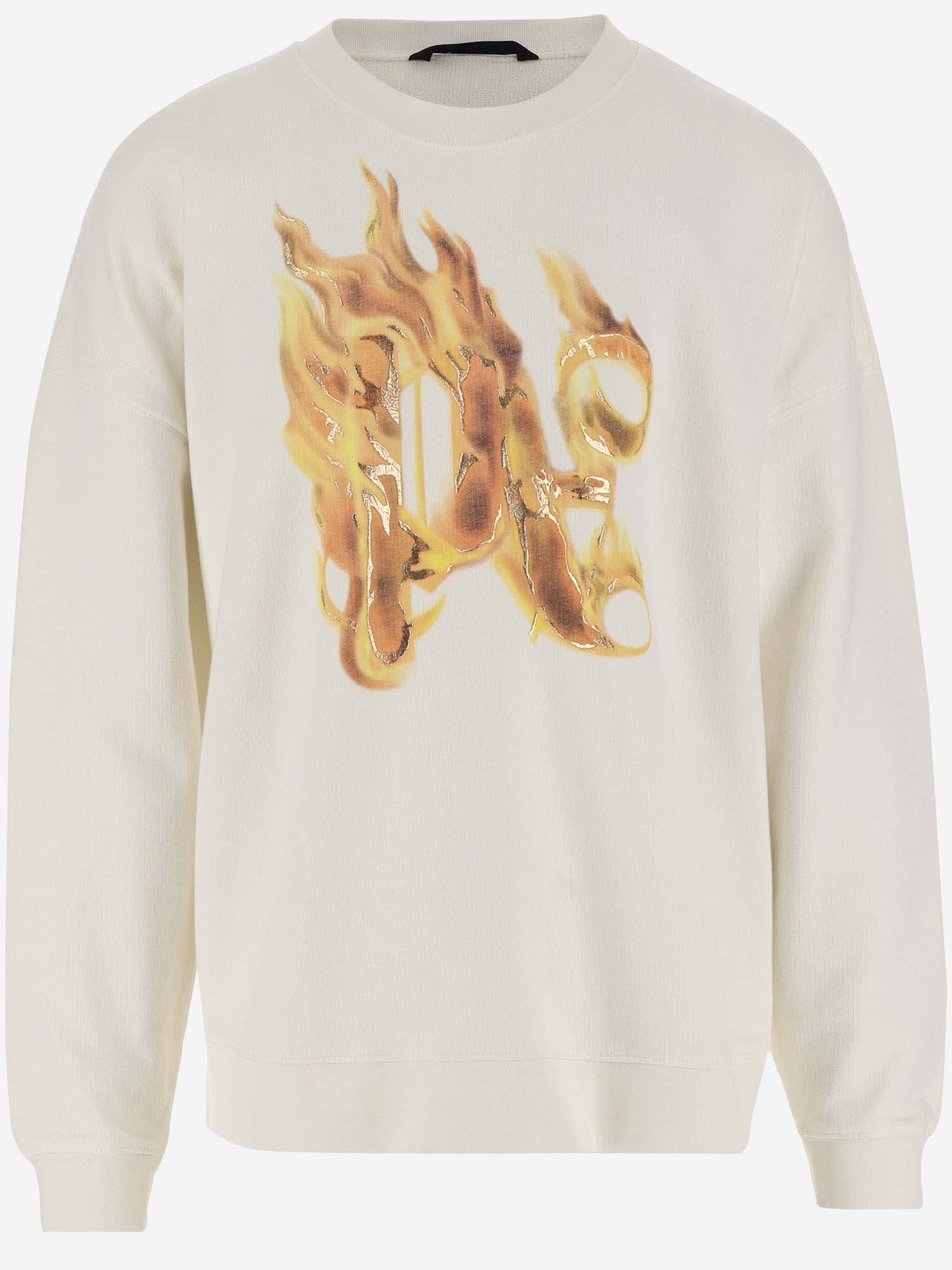 Shop Palm Angels Cotton Sweatshirt With Burning Monogram Print In Beige