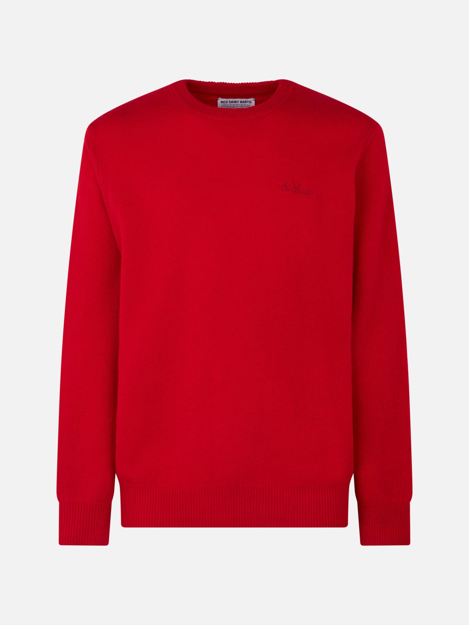 Mc2 Saint Barth Man Crewneck Red Sweater With St. Barth Embroidery In Red
