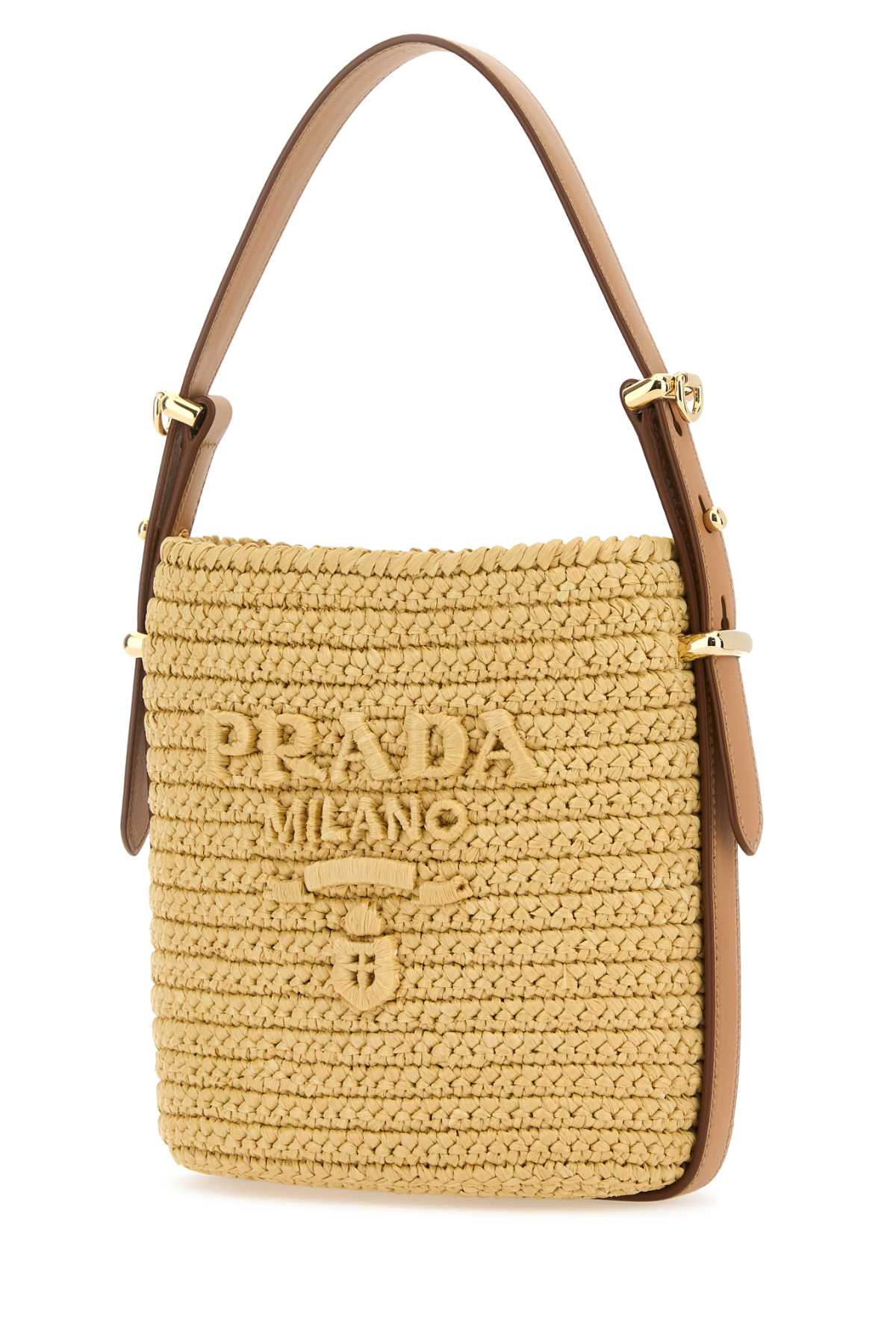 Shop Prada Raffia Bucket Bag In Naturale