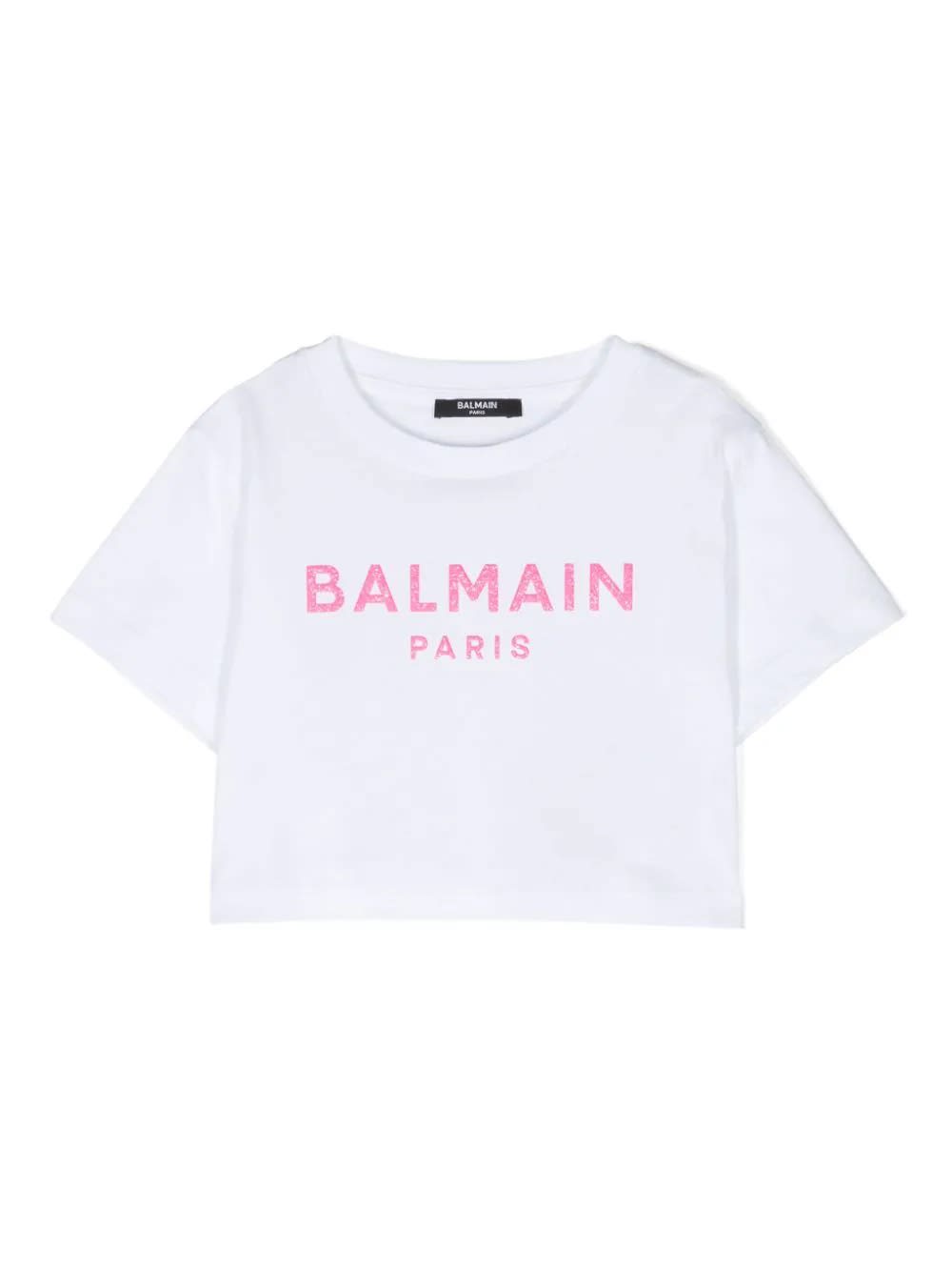 Shop Balmain Crop T-shirt With Pink Glitter Logo In White