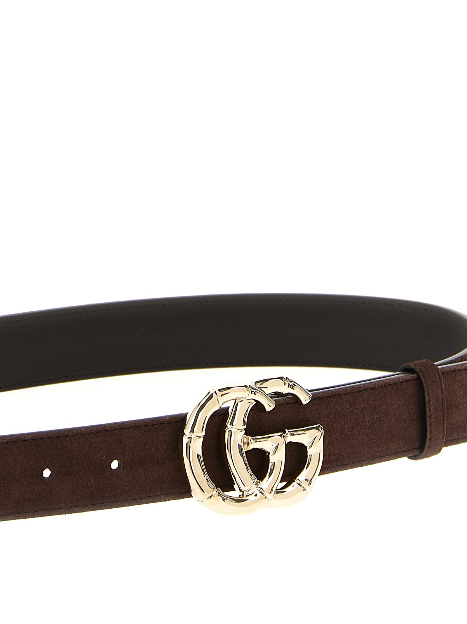 Gucci Brown Suede Belt With Bamboo Gg Marmont Buckle Women In Brown