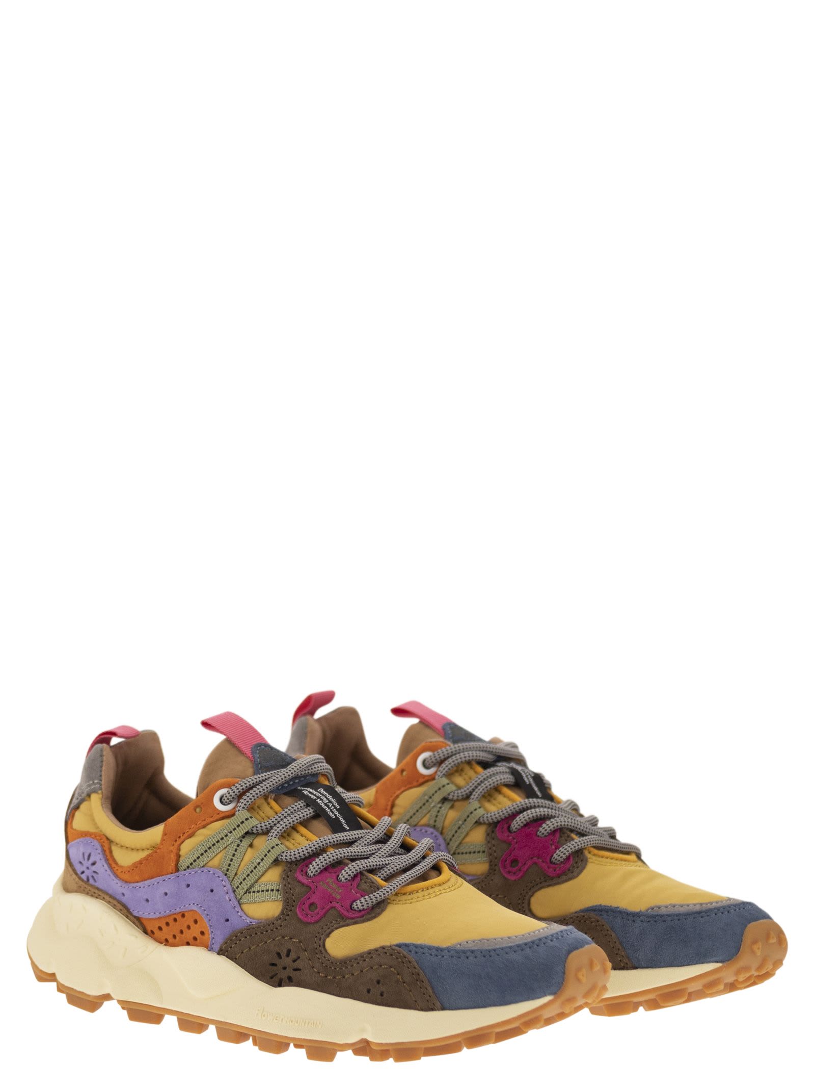 Shop Flower Mountain Yamano 3 - Sneakers In Suede And Technical Fabric In Light Blue/yellow/brown