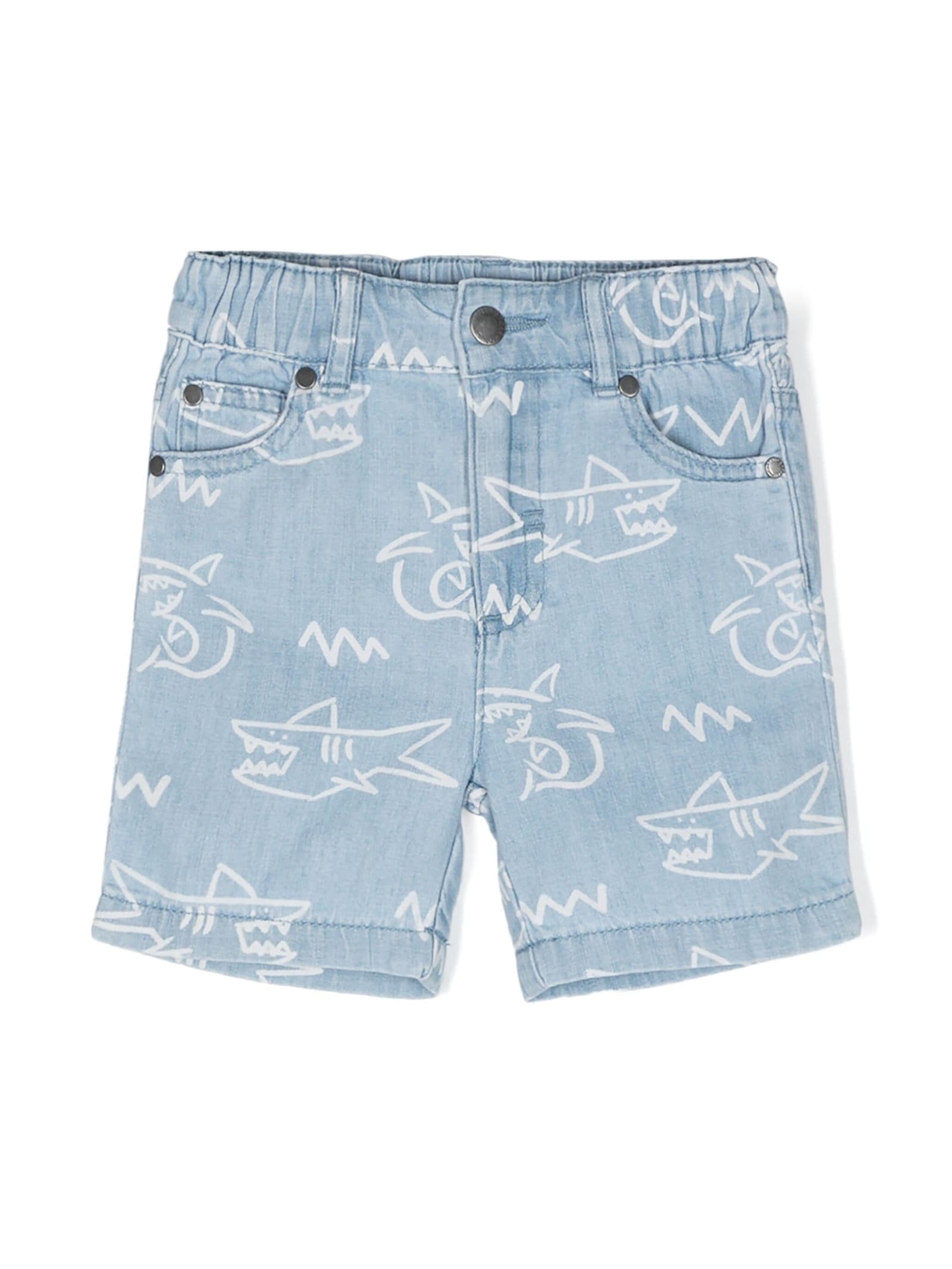 Stella Mccartney Babies' Blue Denim Bermuda Shorts With Shark Print