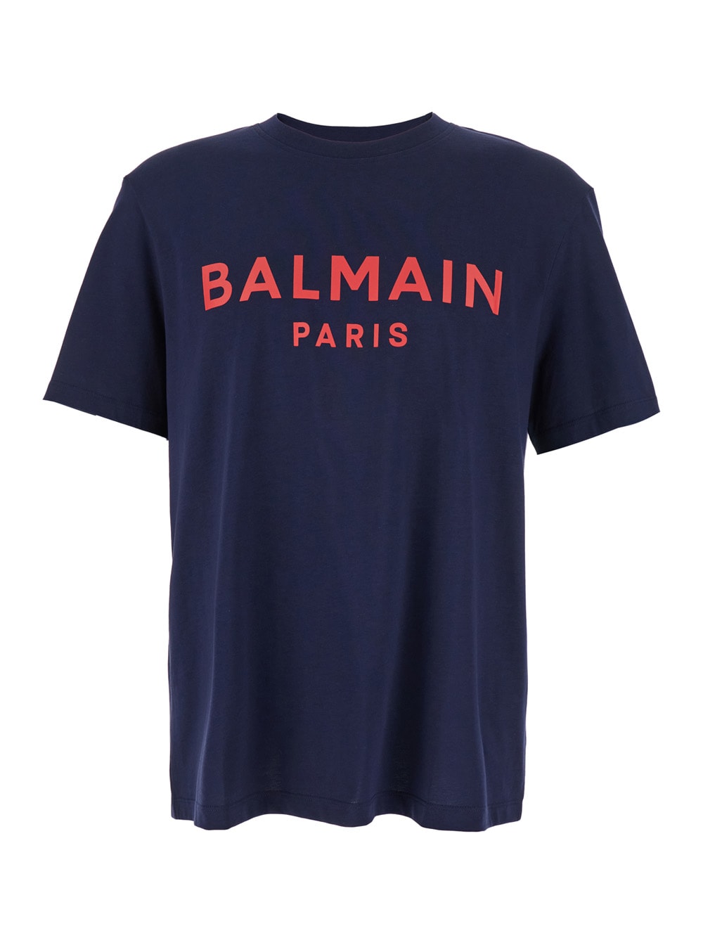 Balmain Blue Crewneck T-shirt With Logo Lettering Print On The Front In Cotton Man In Blue