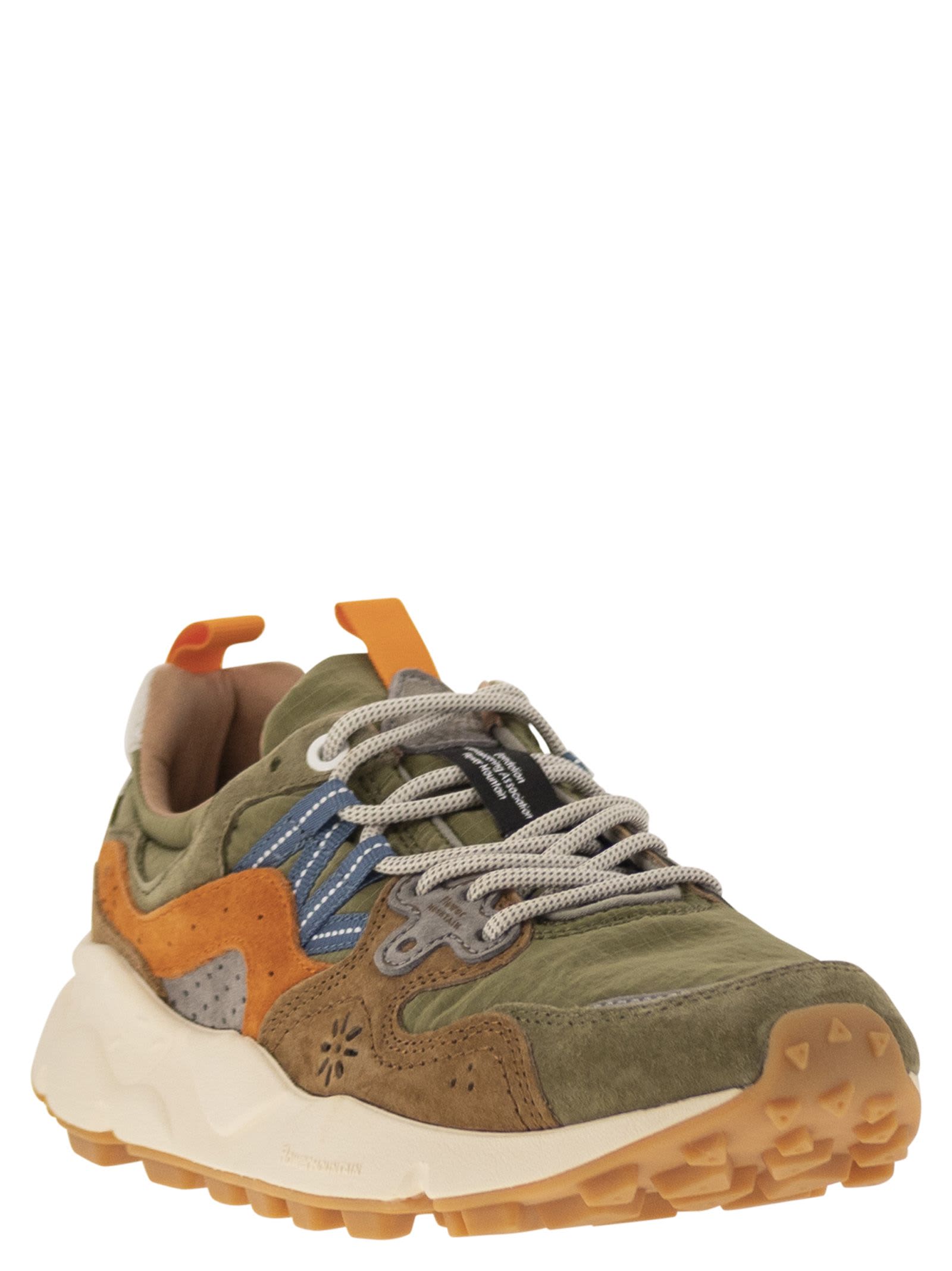 Flower Mountain Yamano 3 - Sneakers In Suede And Technical Fabric In Green/orange
