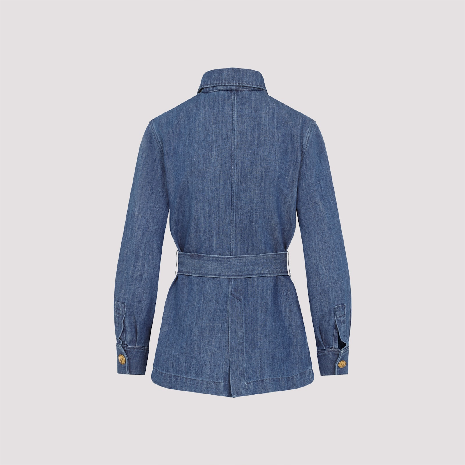 Shop Valentino Sahariana Belted Waist Denim Jacket In Medium Blue Denim