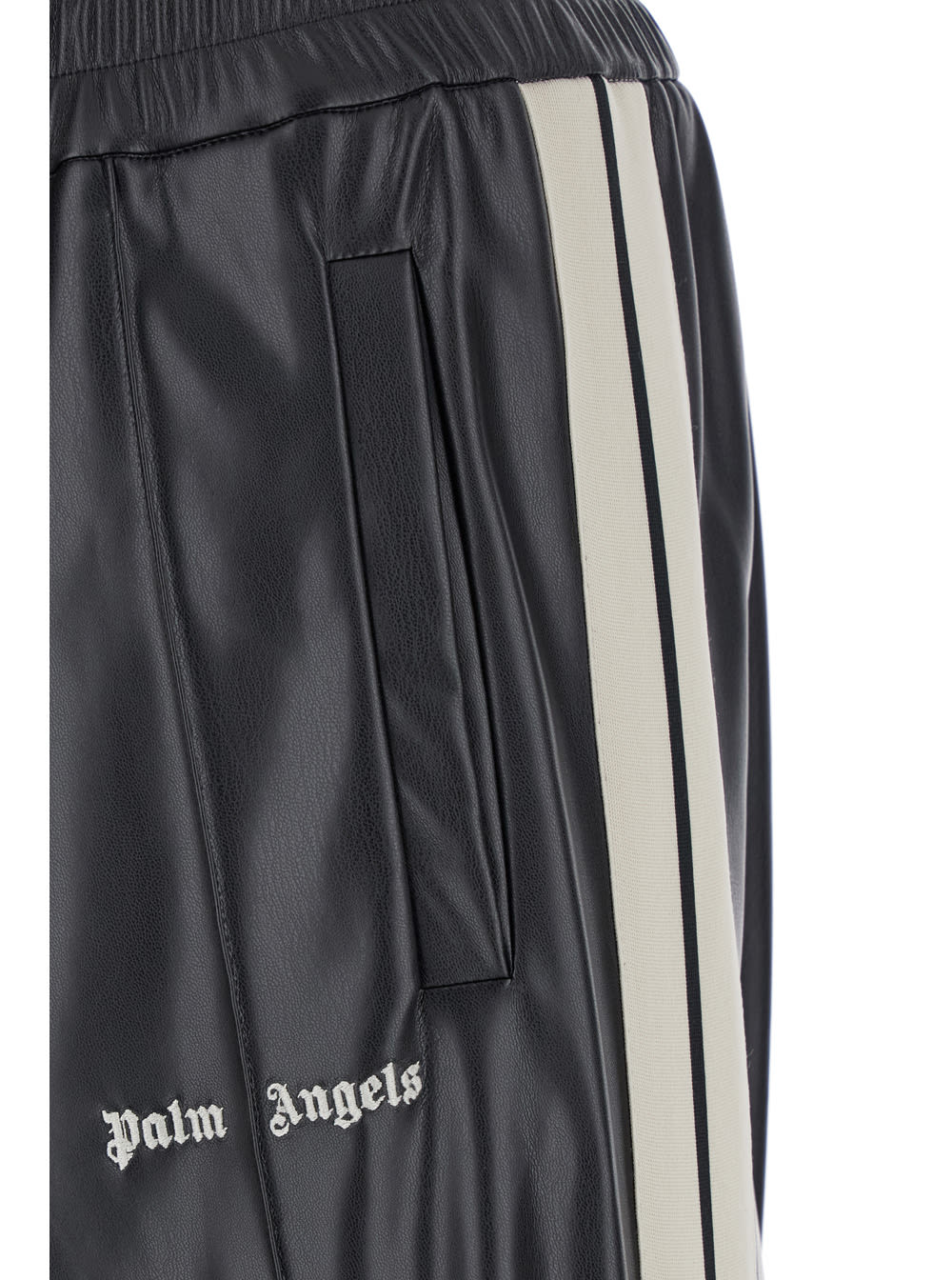 Shop Palm Angels Black Track Pants With Logo Print In Eco Leather Man