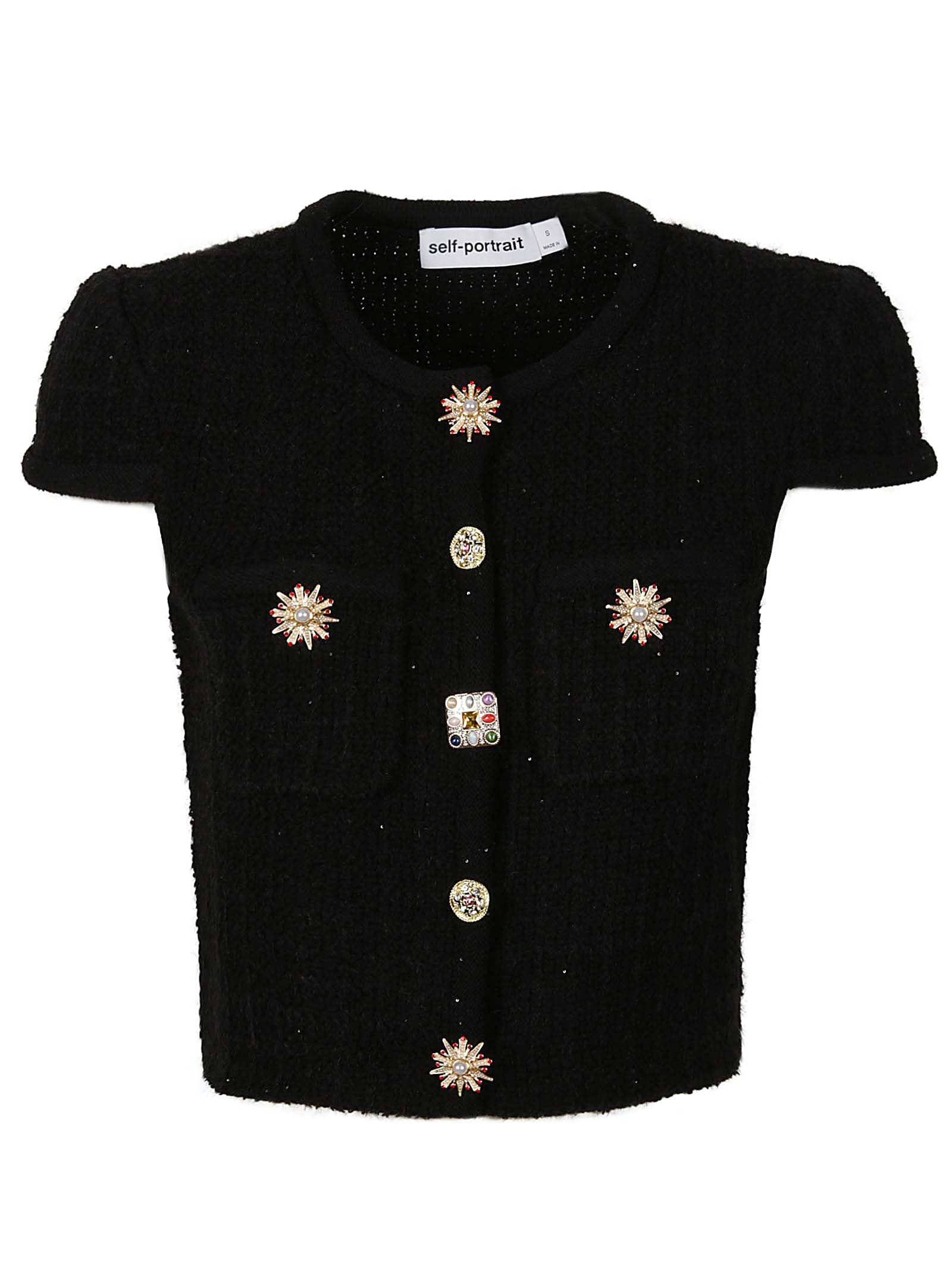 Shop Self-portrait Jewel Button Knit Top In Black