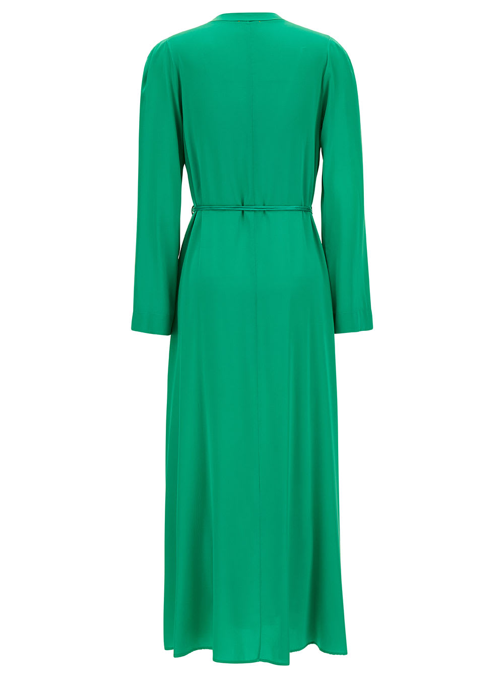 Shop Forte Forte Long Green Dress With Belt And Long Sleeves In Stretch Silk Woman
