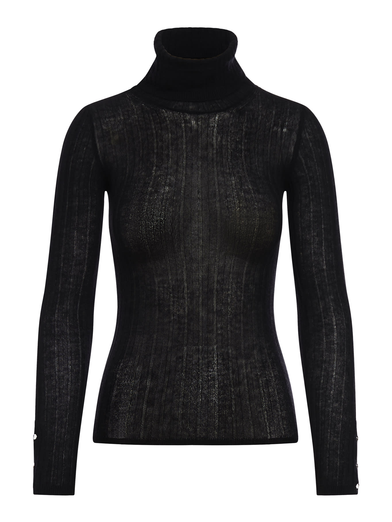 cashmire High Neck Top ribbed Turtle Neck Knitted Top With Branded Cuff Bottons In Cashmere