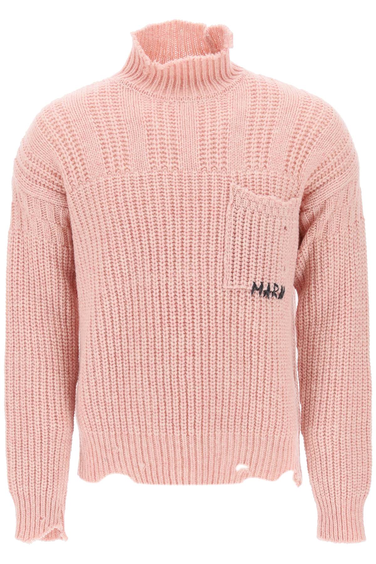 Shop Marni Funnel-neck Sweater In Destroyed-effect Wool In Quartz (pink)