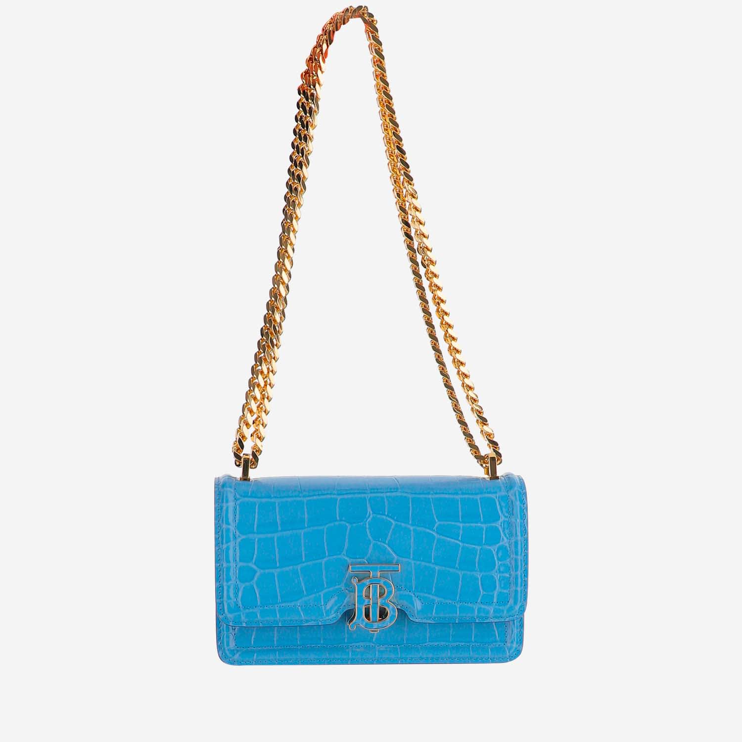 Shop Burberry Mini Tb Embossed Leather Bag With Chain Strap In Clear Blue