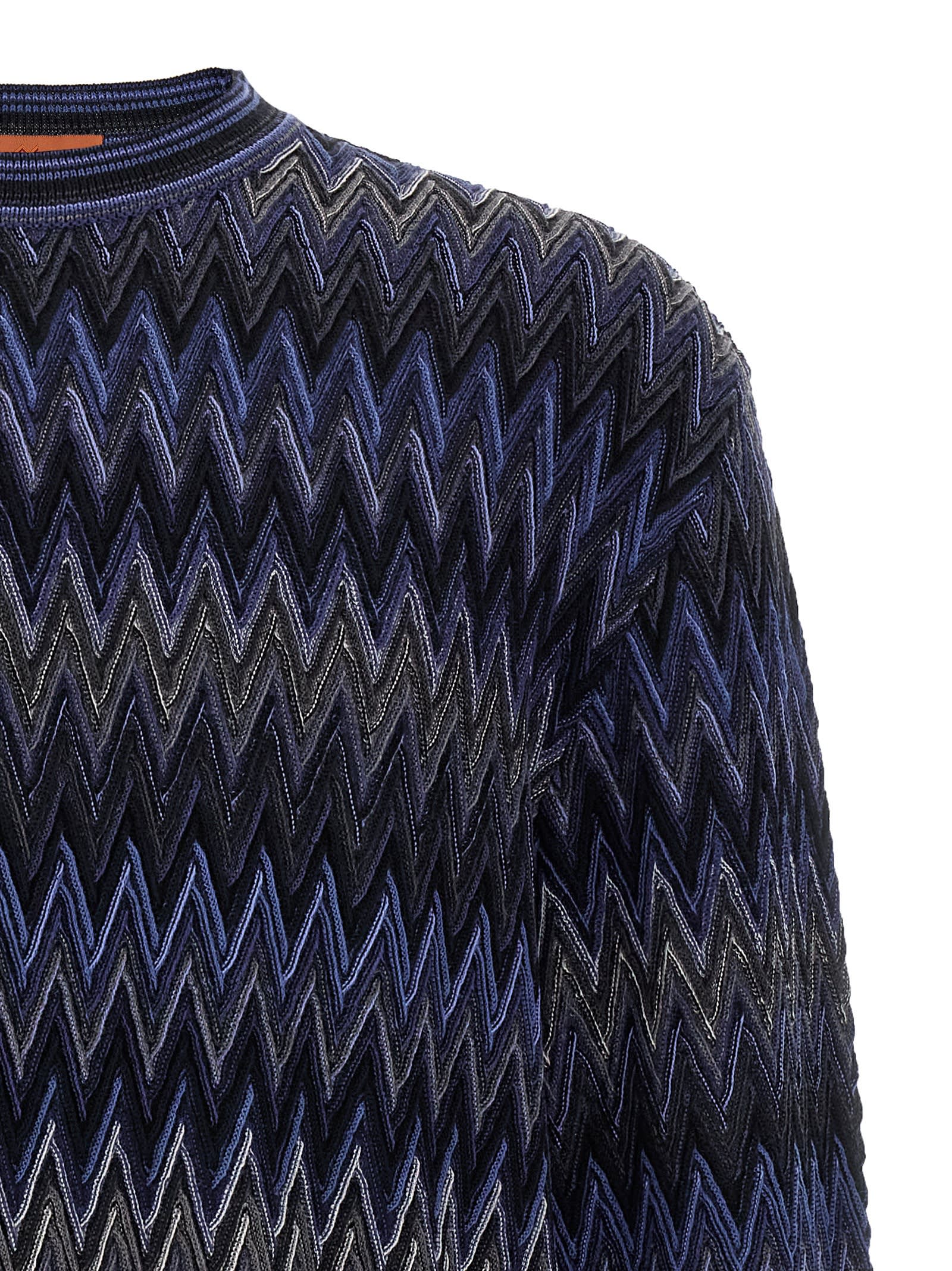 Missoni Zigzag Pattern Wool Sweater With Crew Neck In Blue