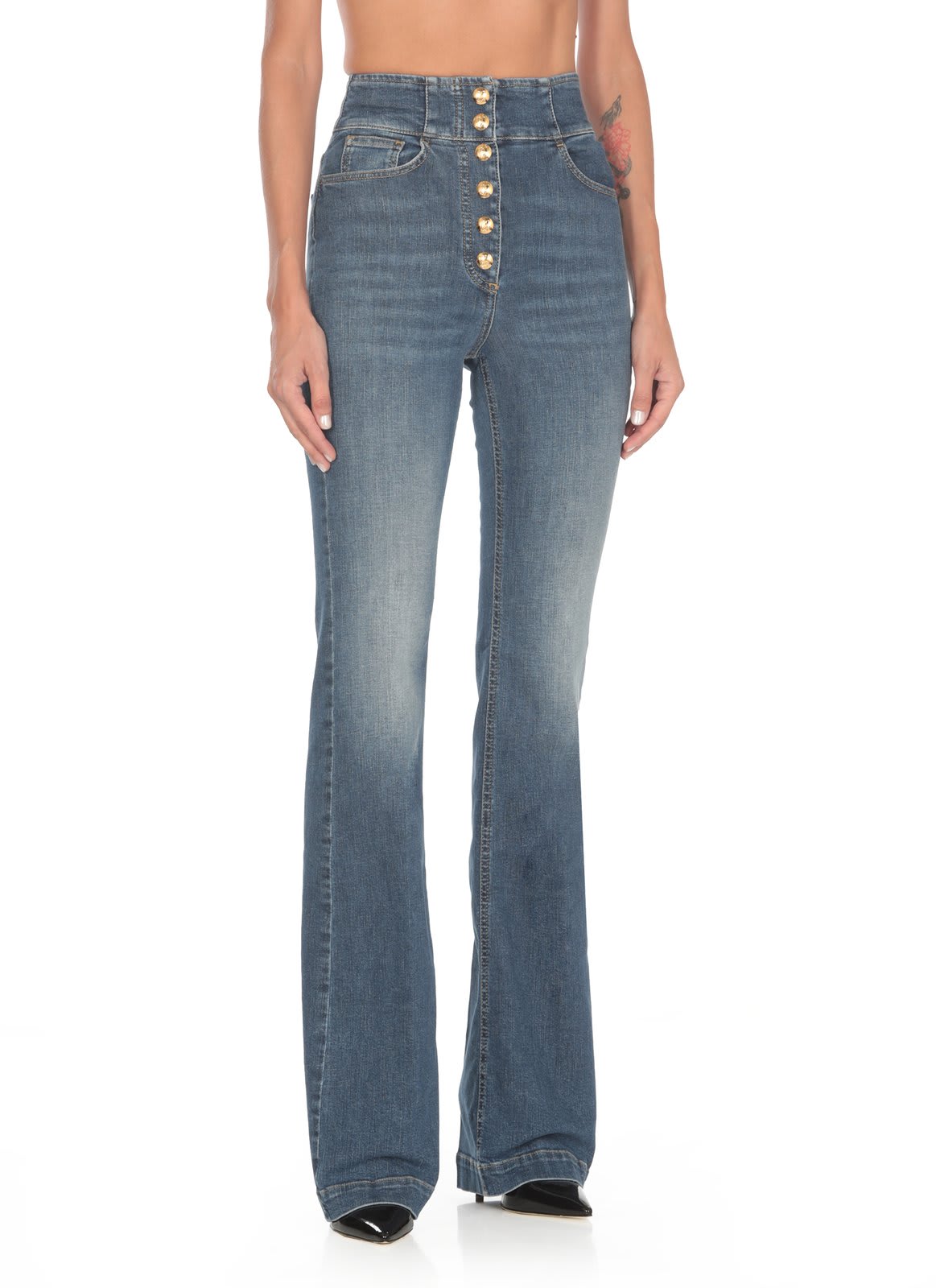 Shop Elisabetta Franchi Bell-bottom Stretch Jeans In Blue Denim