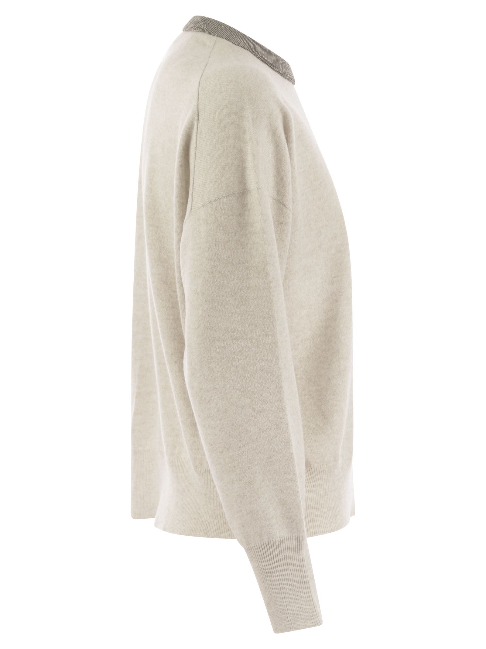 Shop Brunello Cucinelli Cashmere Sweater With Necklace In Pearl