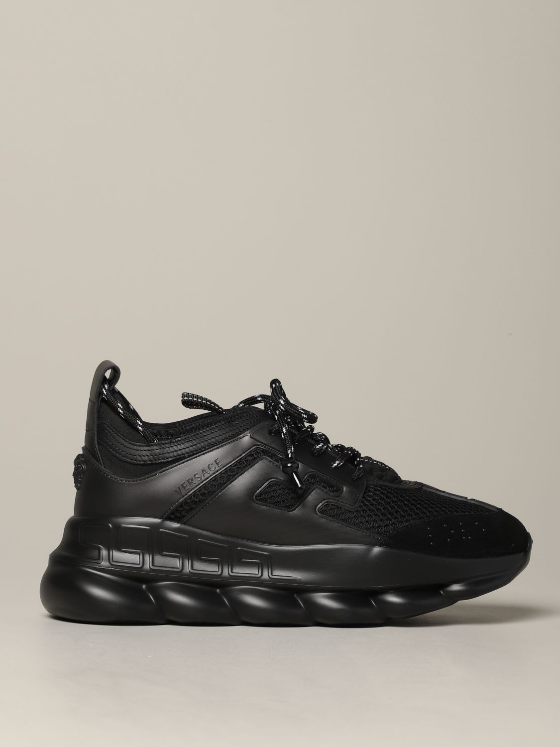 VERSACE SNEAKERS IN LEATHER AND MESH WITH LOGO,11284267