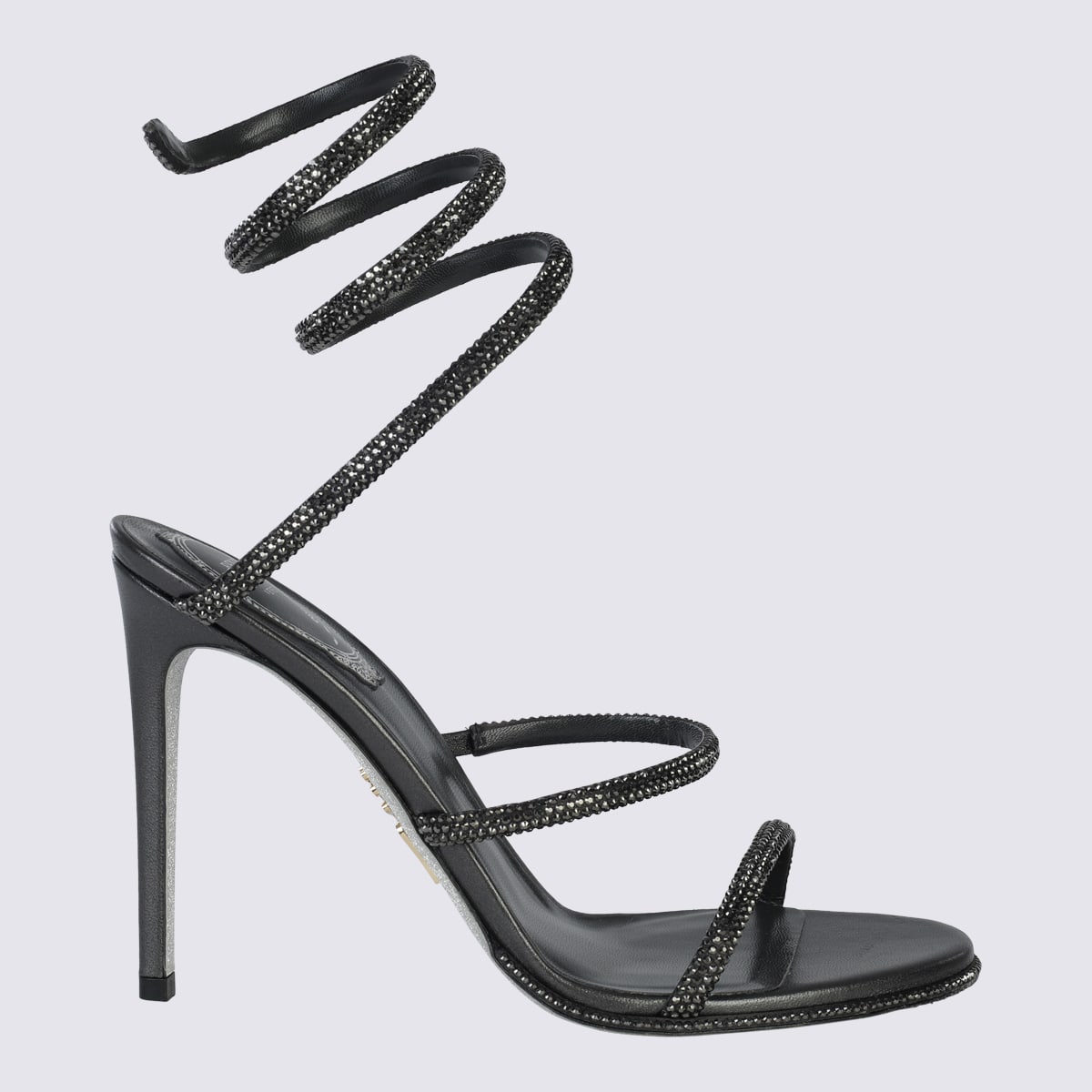 Shop René Caovilla Black Leather Sandals In Grey Satin/jet Hematite Strass