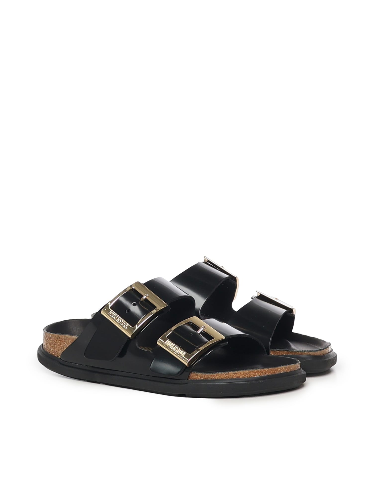 Birkenstock Arizona Droplet Buckle High Shine Black Slides In Black