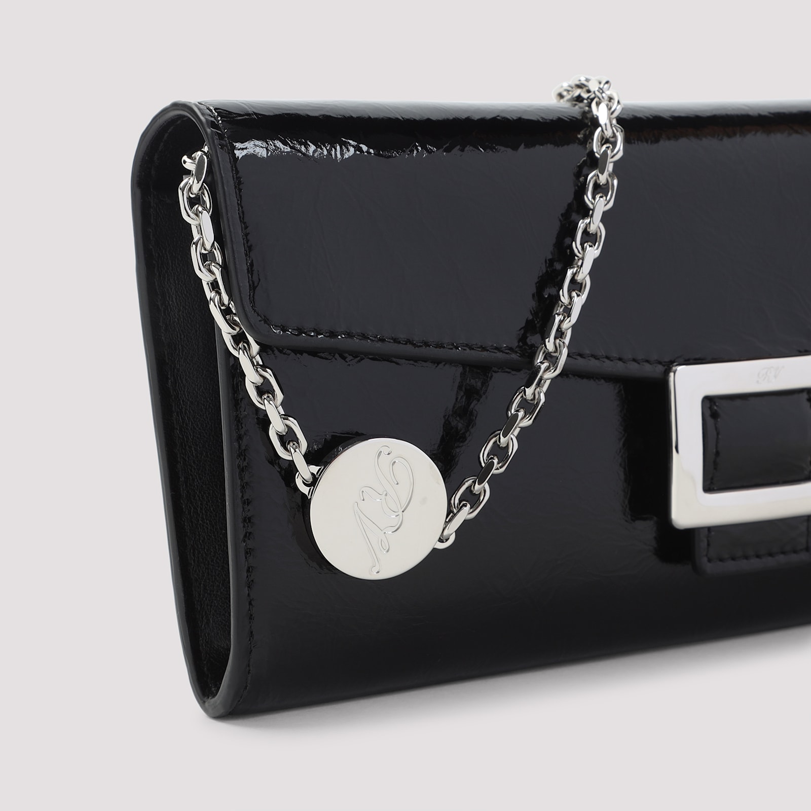 Roger Vivier Patent Leather Belle Vivier Wallet On Chain In Black