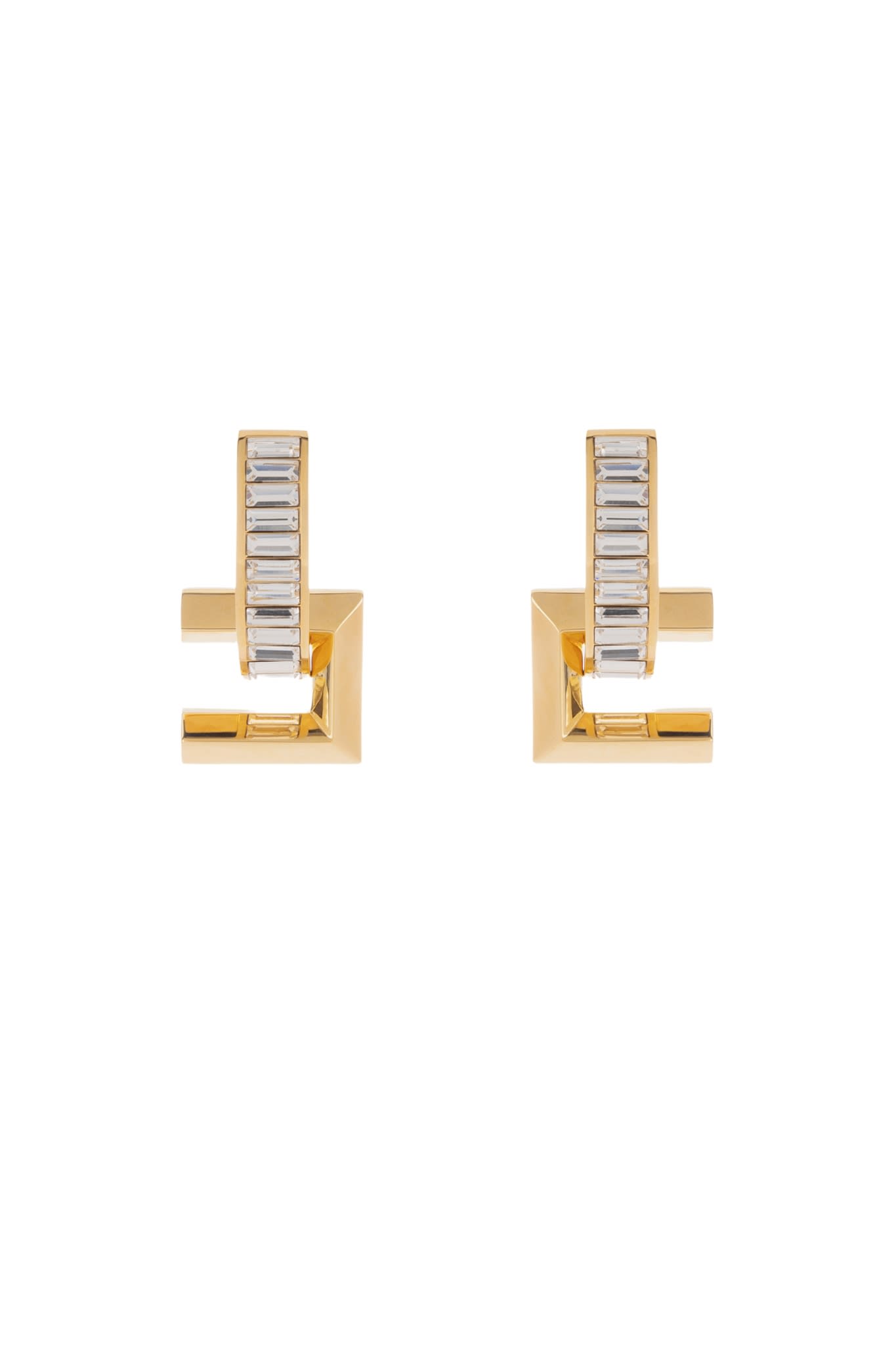 Brass Semi-circle Earrings With Rhinestones And Logo