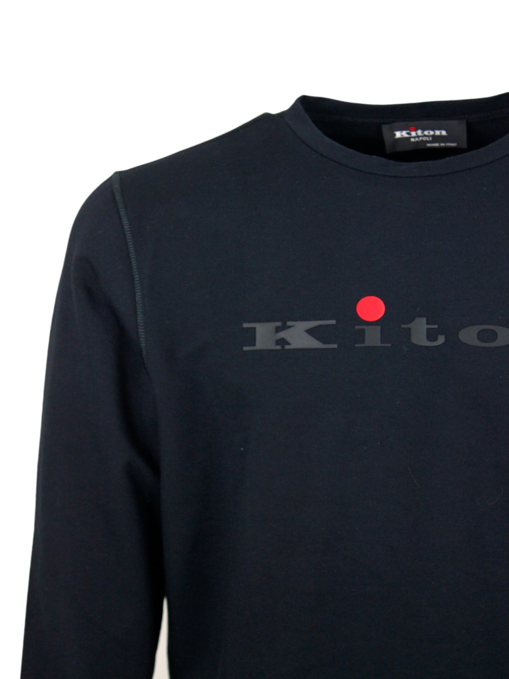 Shop Kiton Long-sleeved Crew-neck Sweatshirt In Fine Stretch Cotton With Logo Writing On The Chest In Blu