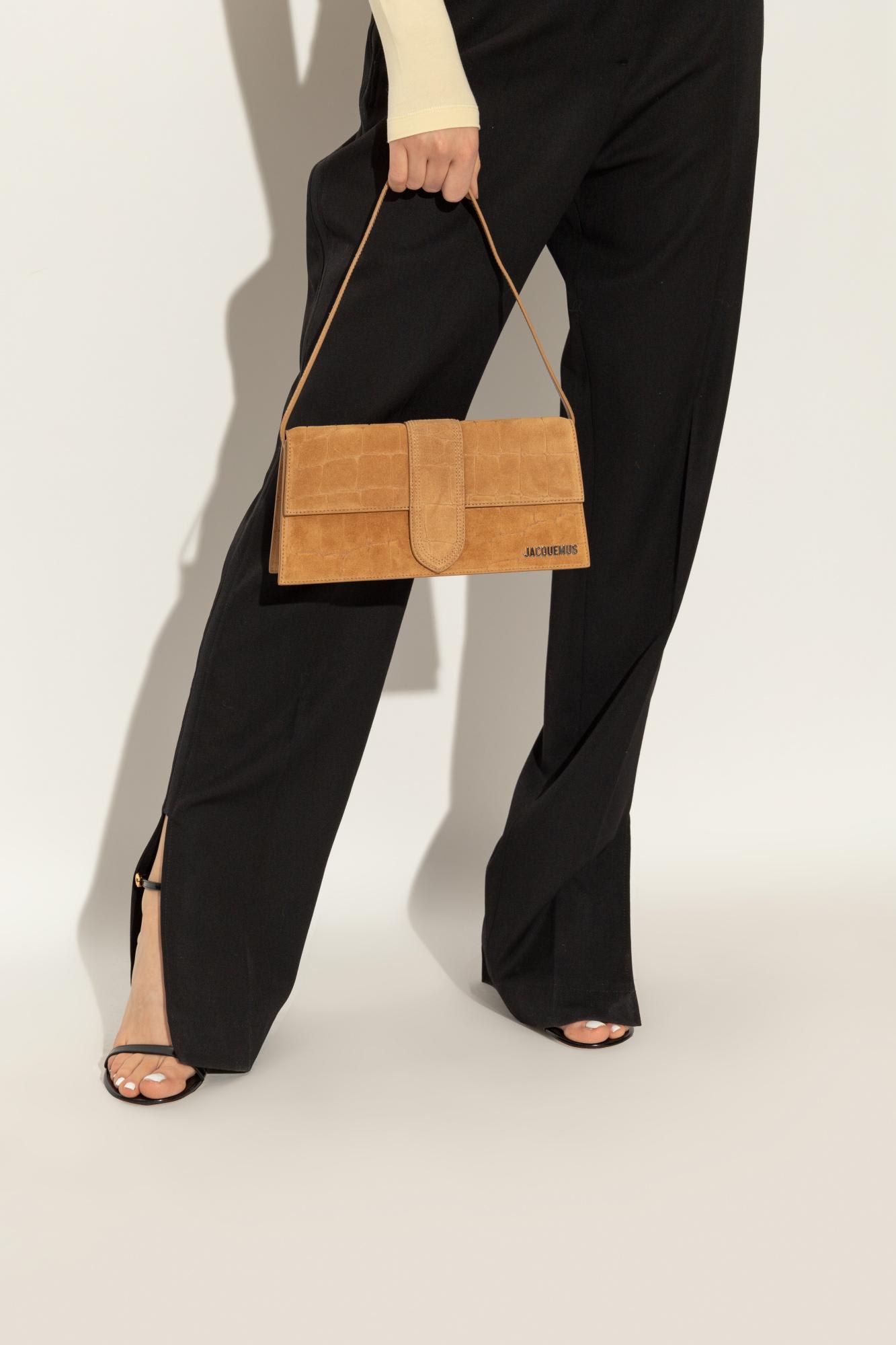 Jacquemus 'le Bambino' Beige Shoulder Bag With Logo Lettering On The Front And Embossed Crocodile Effect In Brown