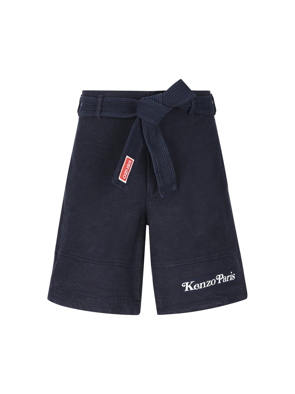 Shop Kenzo Logo Printed Tied-waist Shorts In Blue