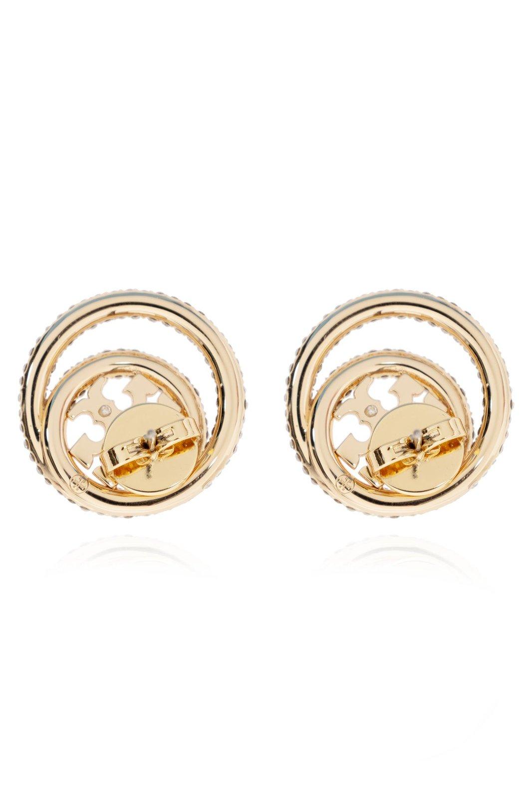 Shop Tory Burch Double-ring Embellished Earrings In Gold/crystal