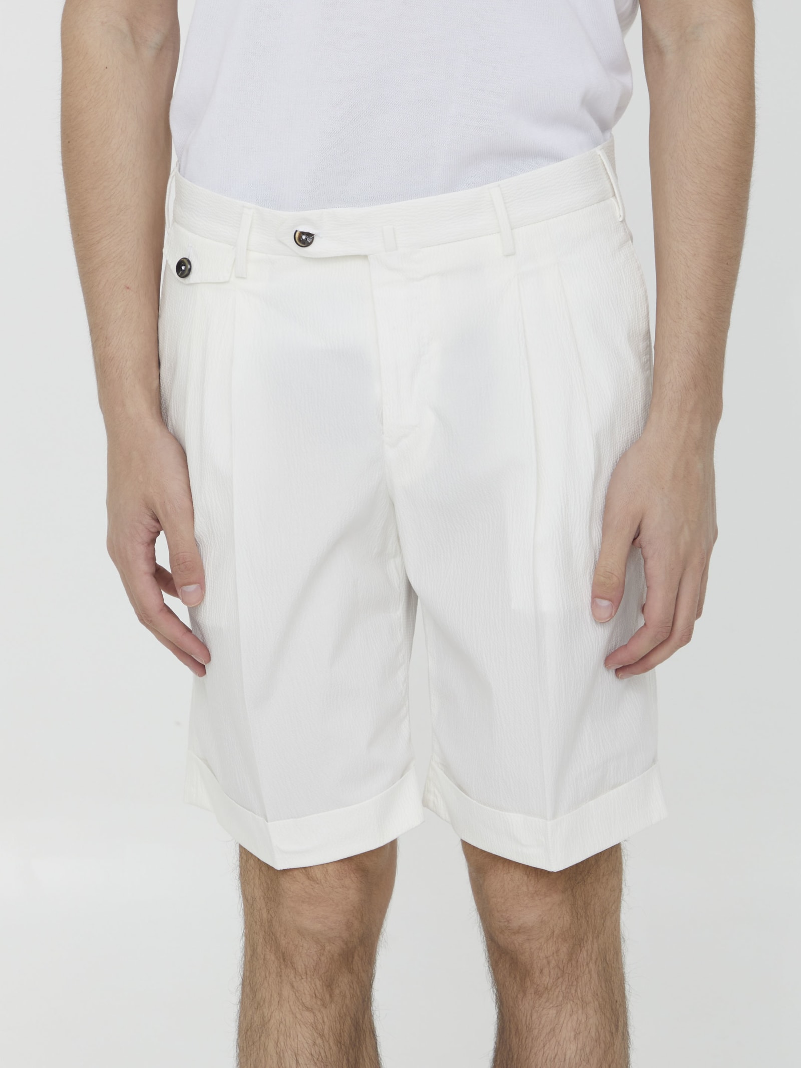 Pt01 Seersucker Bermuda Shorts In White
