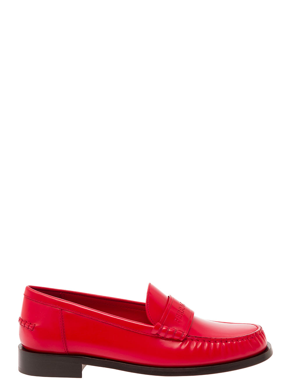 Red Loafers With Embossed Logo In Smooth Leather Woman