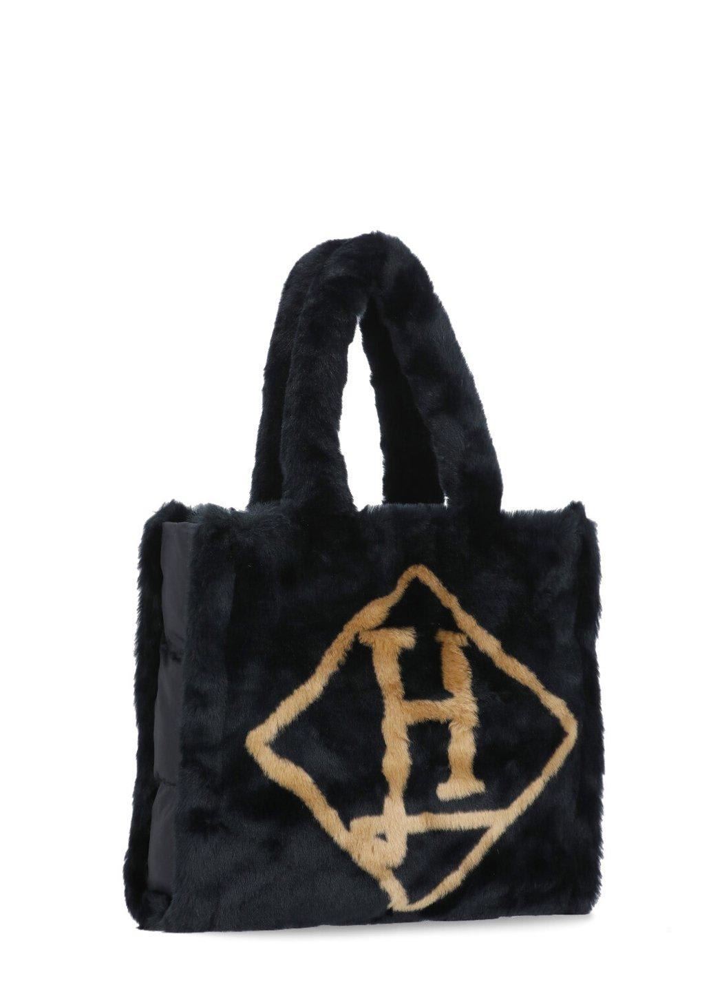 Shop Herno Logo Printed Faux-fur Top Handle Bag In Nero