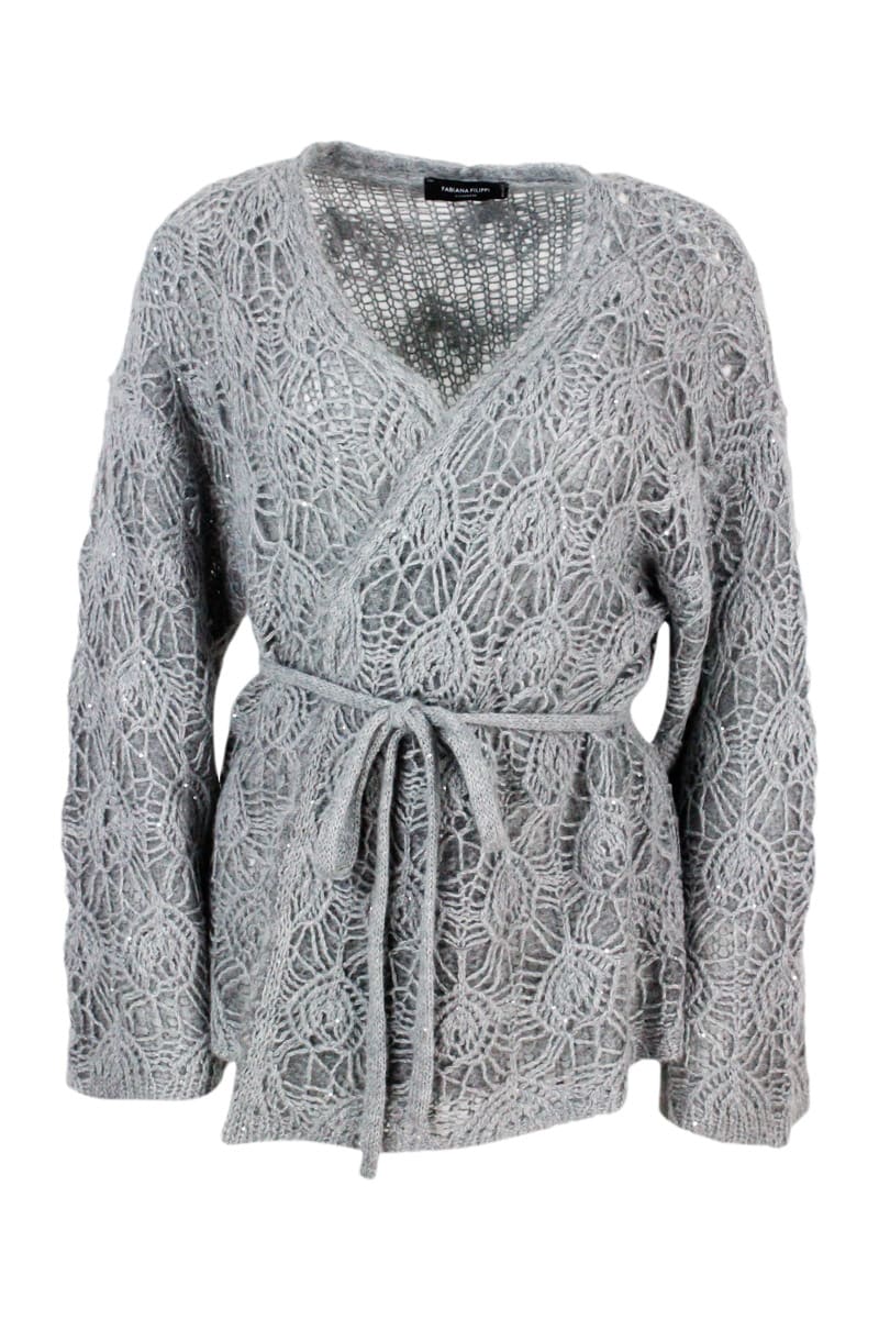 Fabiana Filippi Cardigan Sweater With Long Sleeve Belt In Mohair With Embroidery Stitch With Sequins