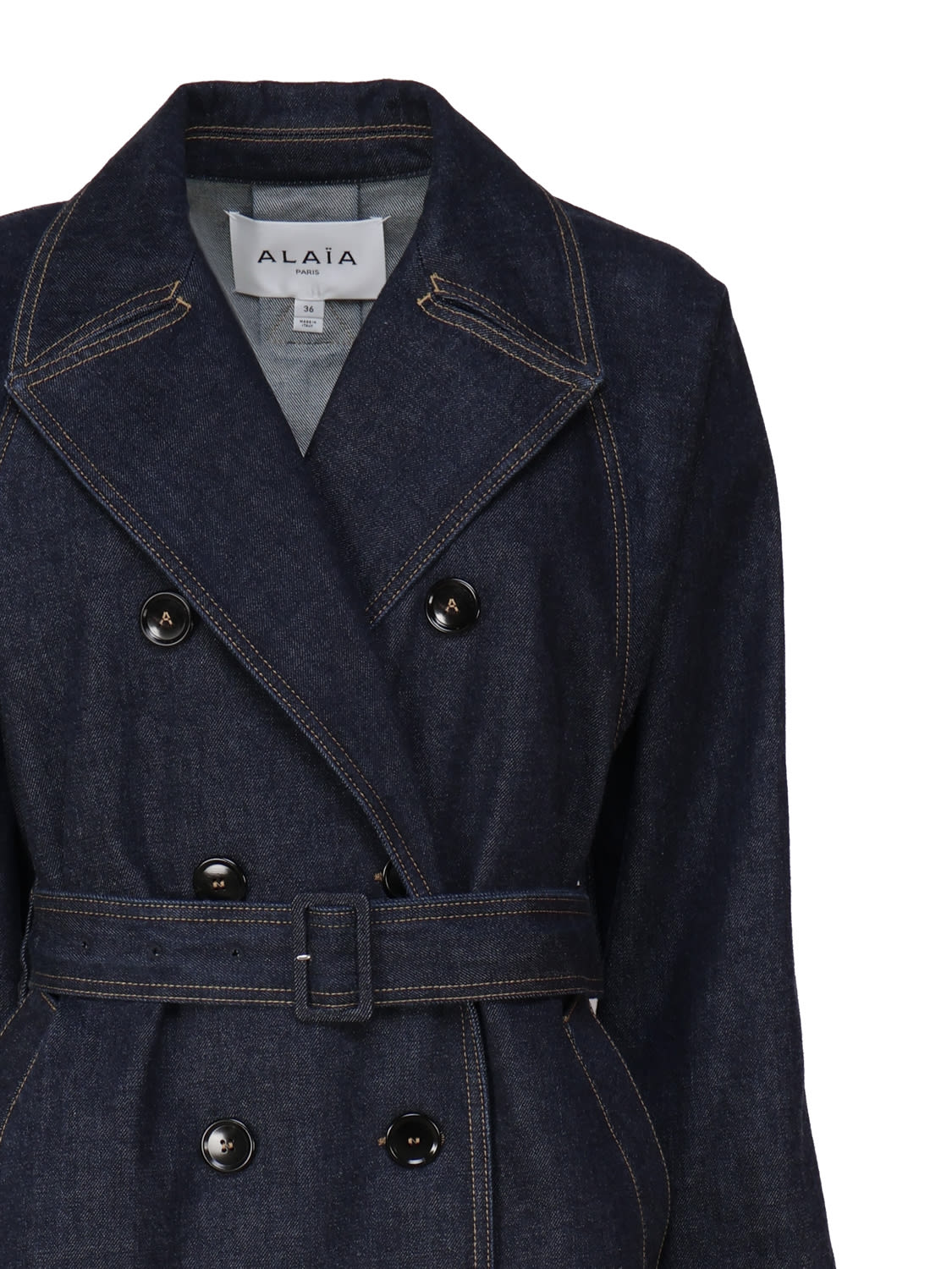 Shop Alaïa Classic Coat In Cotton Denim In Bleu Denim