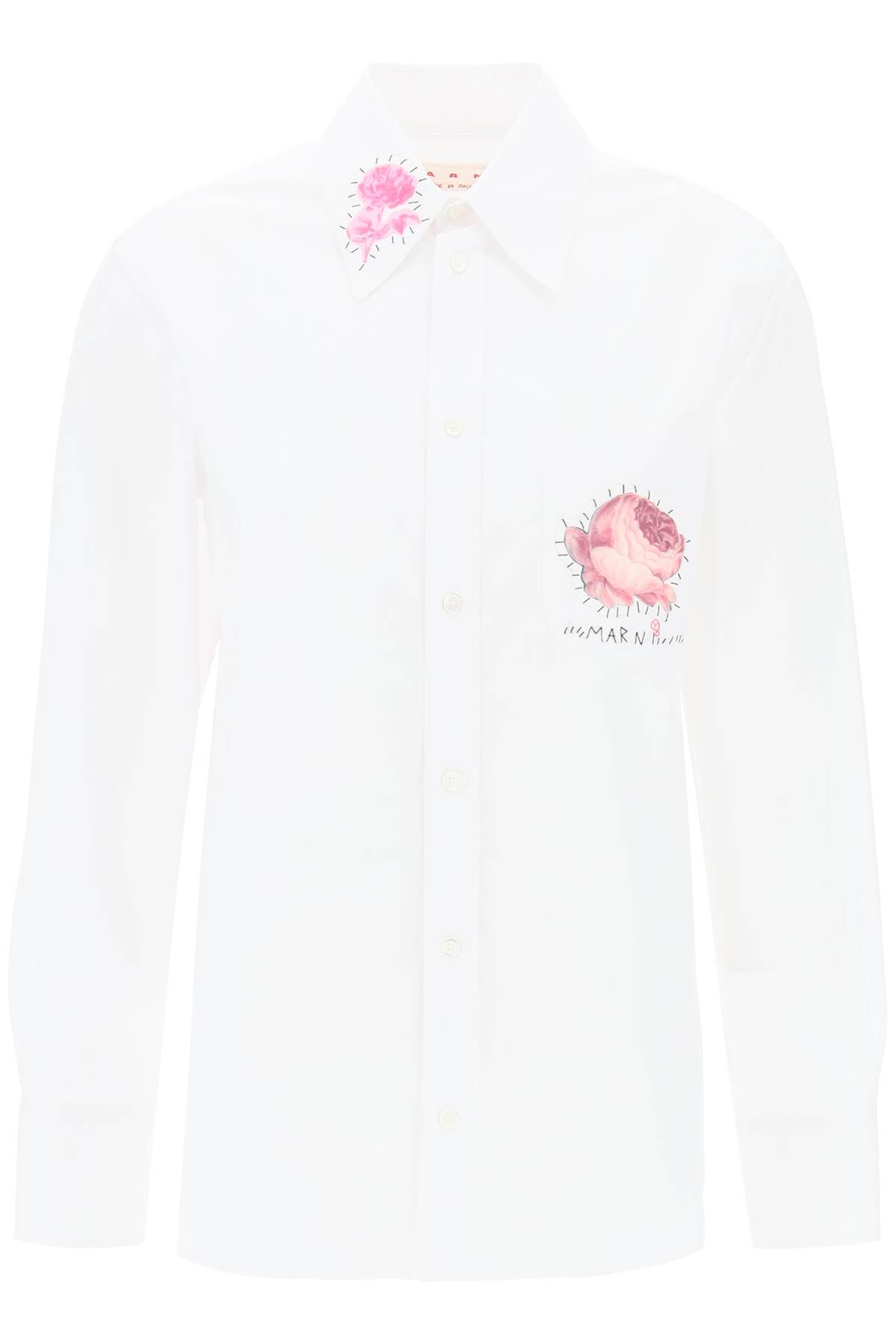 Shop Marni Shirt With Flower Print Patch And Embroidered Logo In Lily White (white)