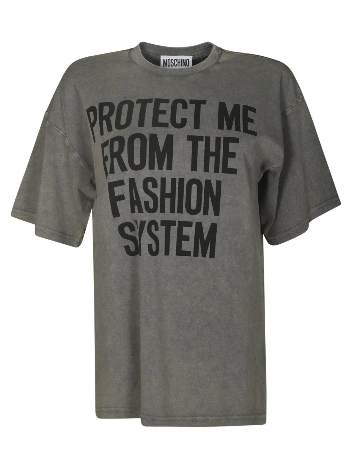 Shop Moschino Slogan-printed Crewneck T-shirt In Grey
