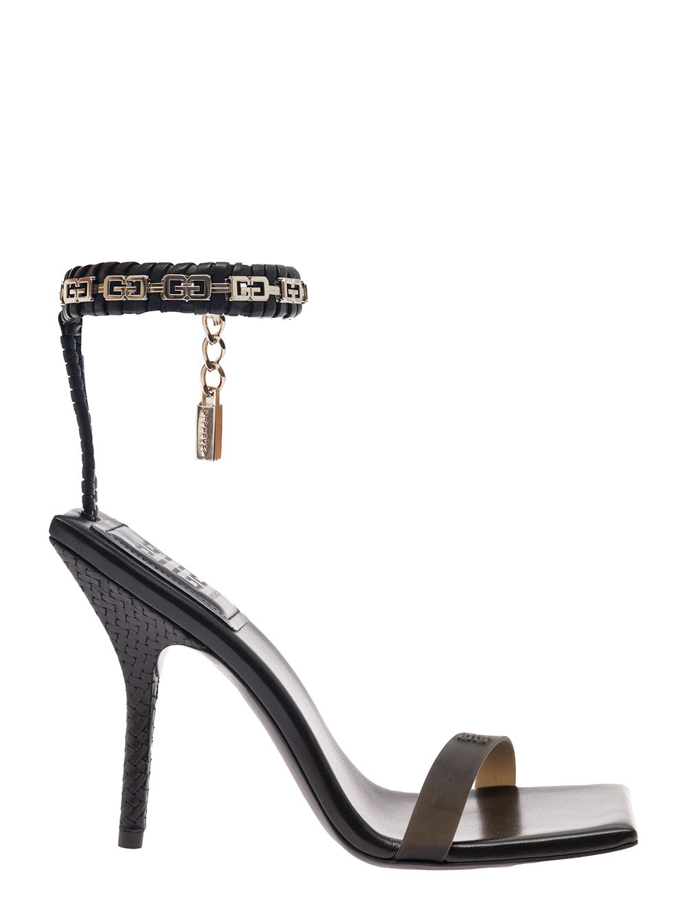GIVENCHY G WOVEN BLACK SANDALS WITH EMBOSSED 4G LOGO AND CHAIN IN LEATHER WOMAN