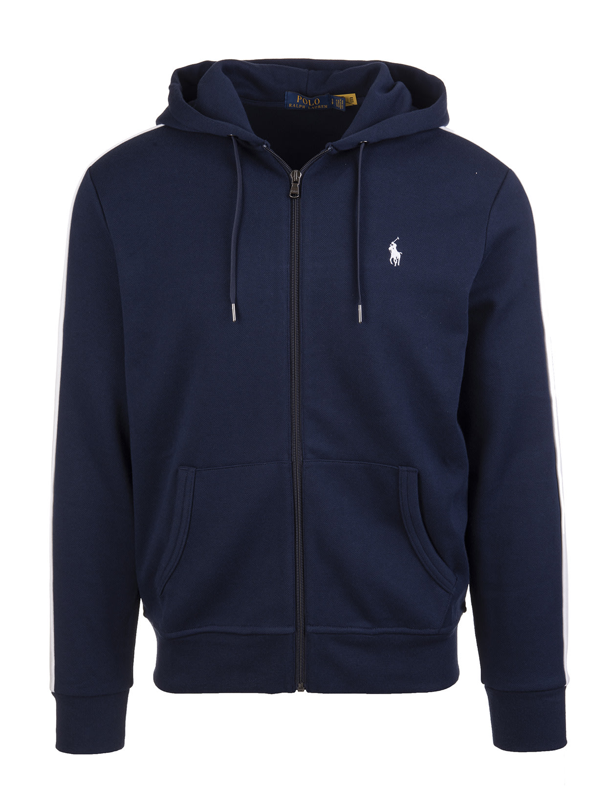 Ralph Lauren Man Navy Blue Hoodie With White Stripes And Back Print