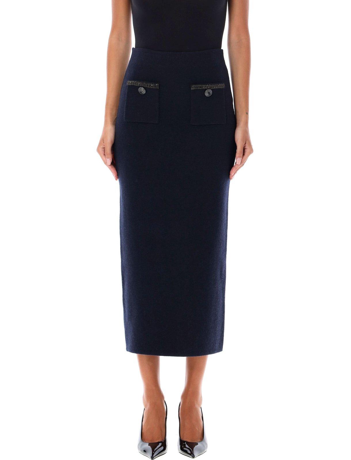 Shop Self-portrait Embellished Knit Midi Skirt In Blue