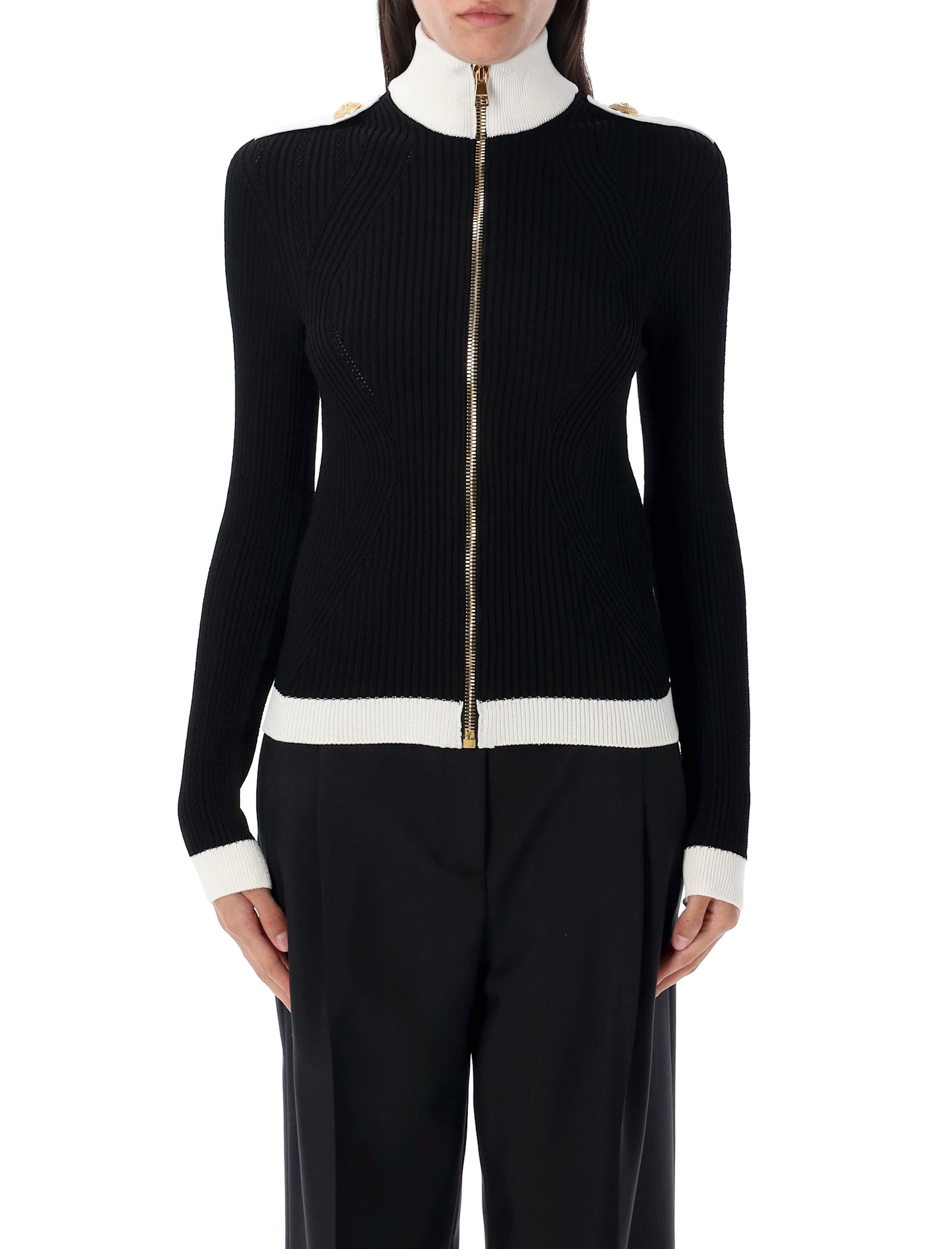 Balmain Zipped Turtleneck Knit Cardigan In Black