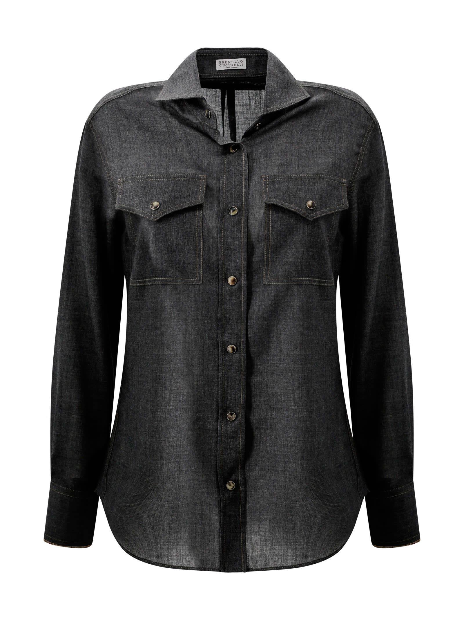 Shop Brunello Cucinelli Monili-trim Virgin Wool Shirt In Grey