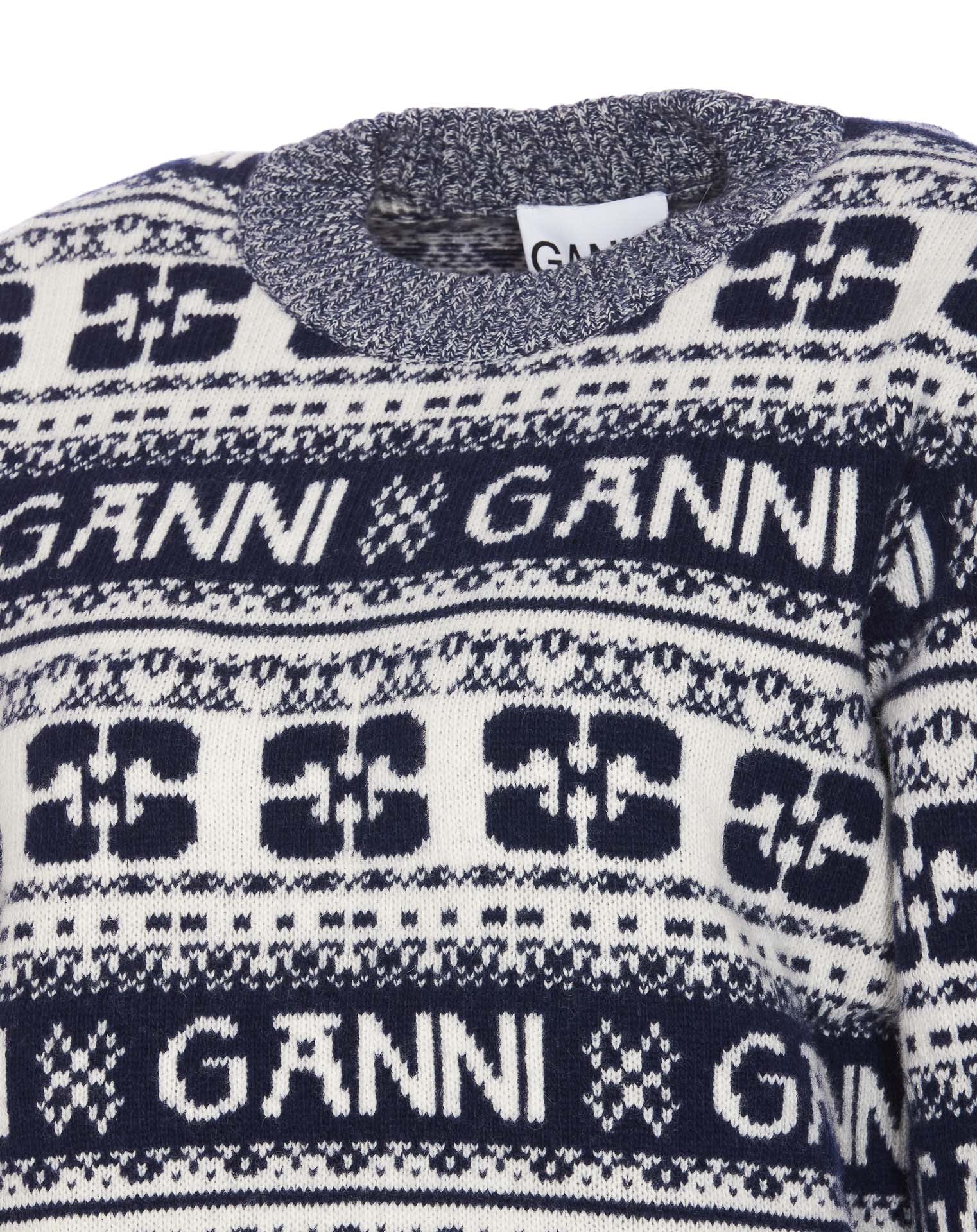 Shop Ganni Logo Wool Mix O-neck Sweater In Blue