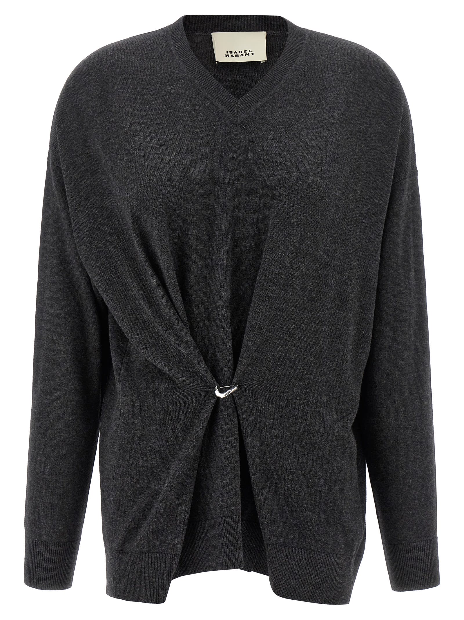 Isabel Marant Women Grey V-neck Sweater With Ring Detail At The Waist In Fabric Woman In Gray