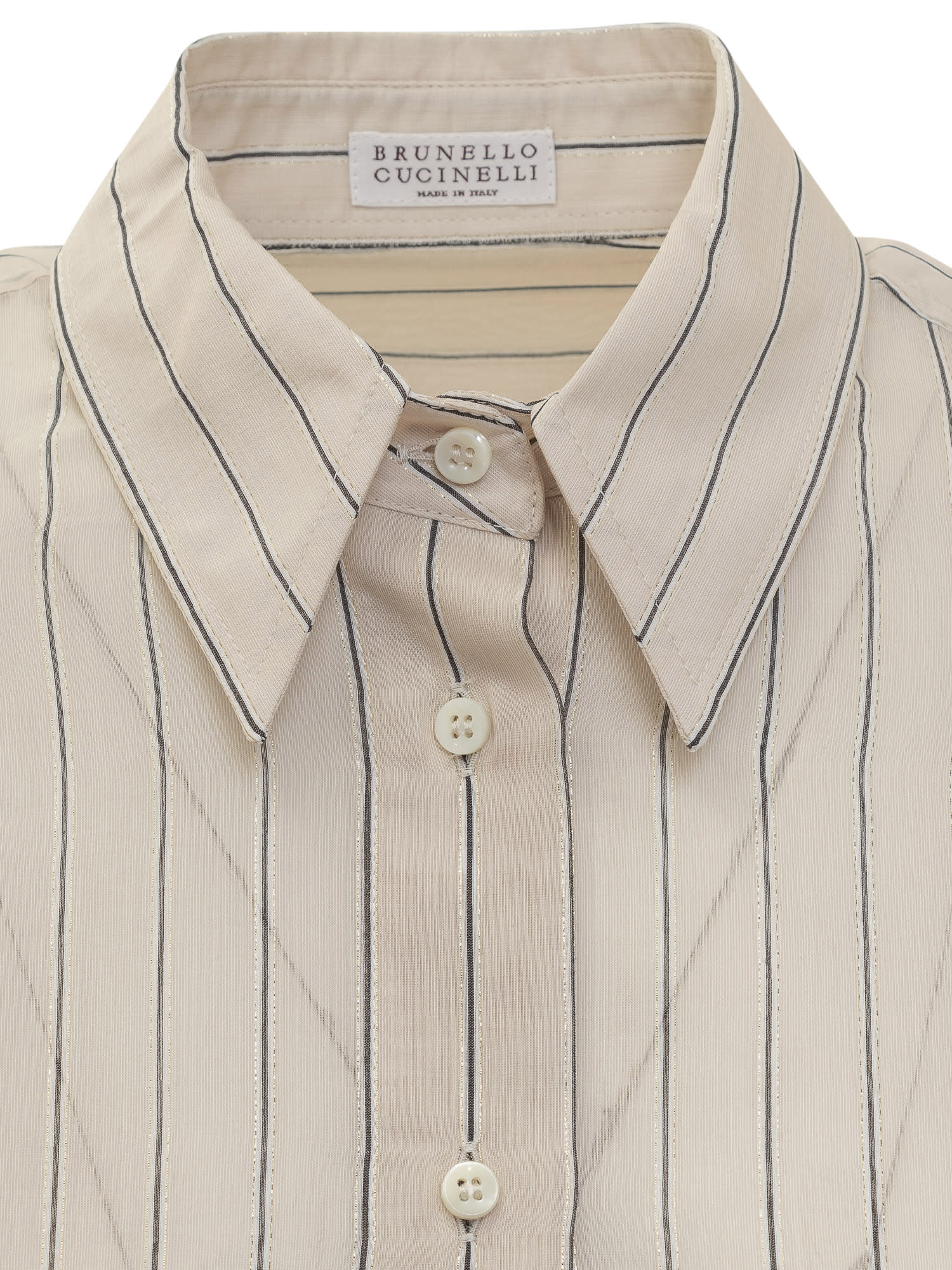 Shop Brunello Cucinelli Cotton And Silk Sparkling Stripe Poplin Shirt With Monile In Beige