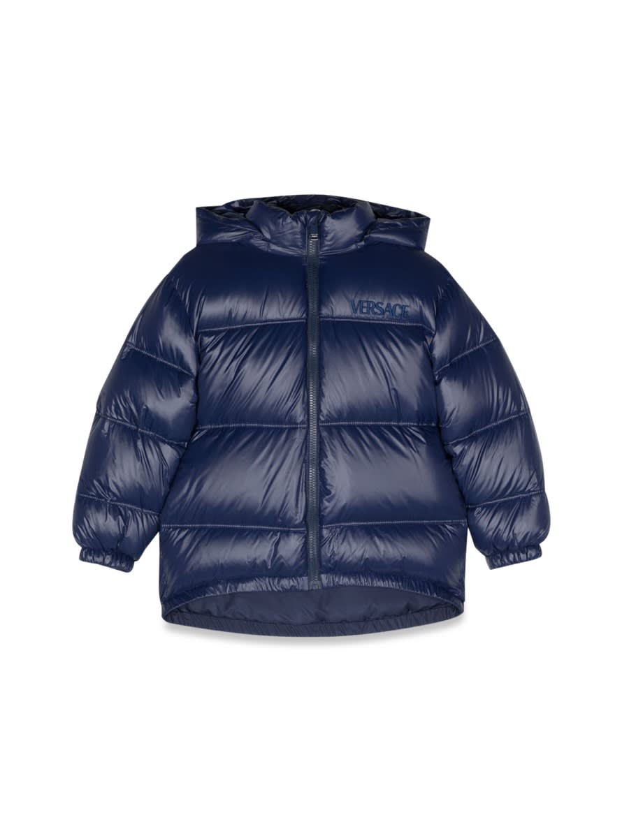 Shop Versace Down Jacket With Logo In Blue