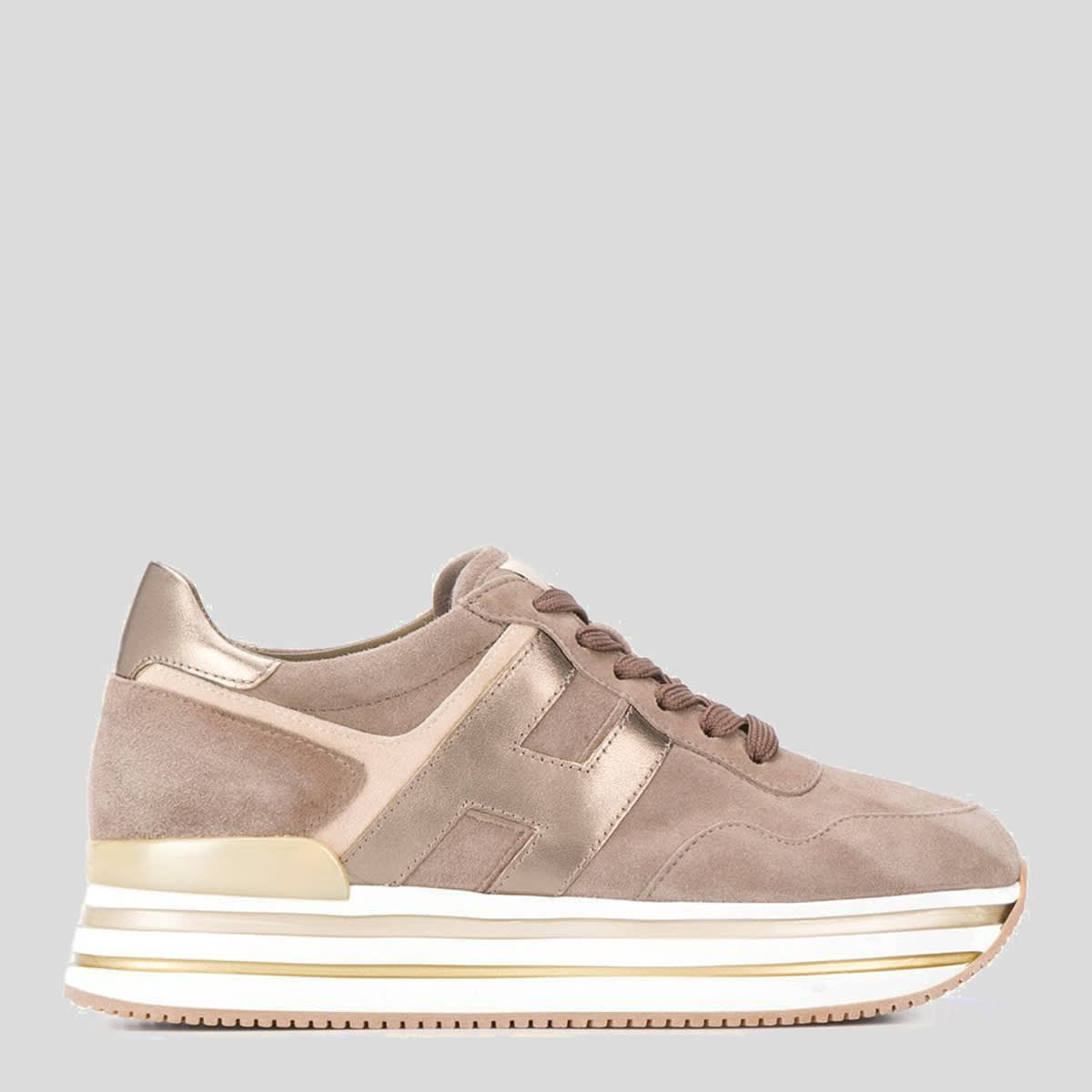 Shop Hogan Brown And Gold Leather H222 Midi Sneakers