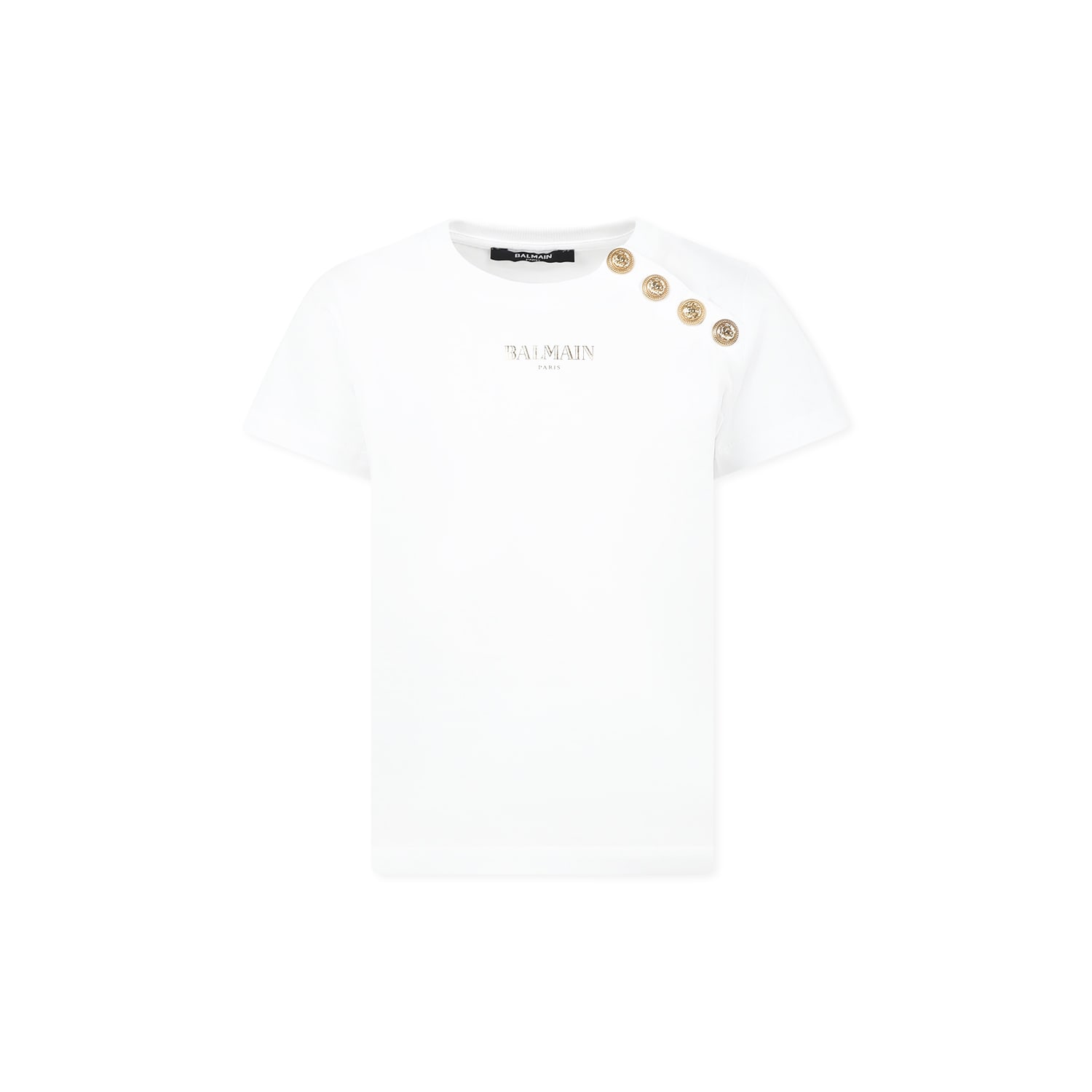 Balmain White T-shirt For Kids With Golden Logo In White