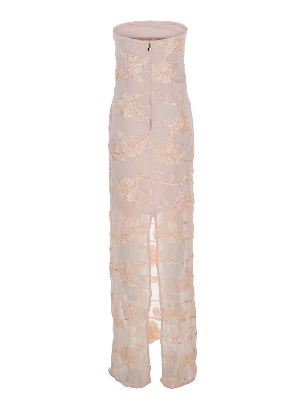 Pink Off-shoulder Sleeveless Long Dress With All-over Floral Embroidey And Rear Single Slit In Tech Fabric Stretch Woman