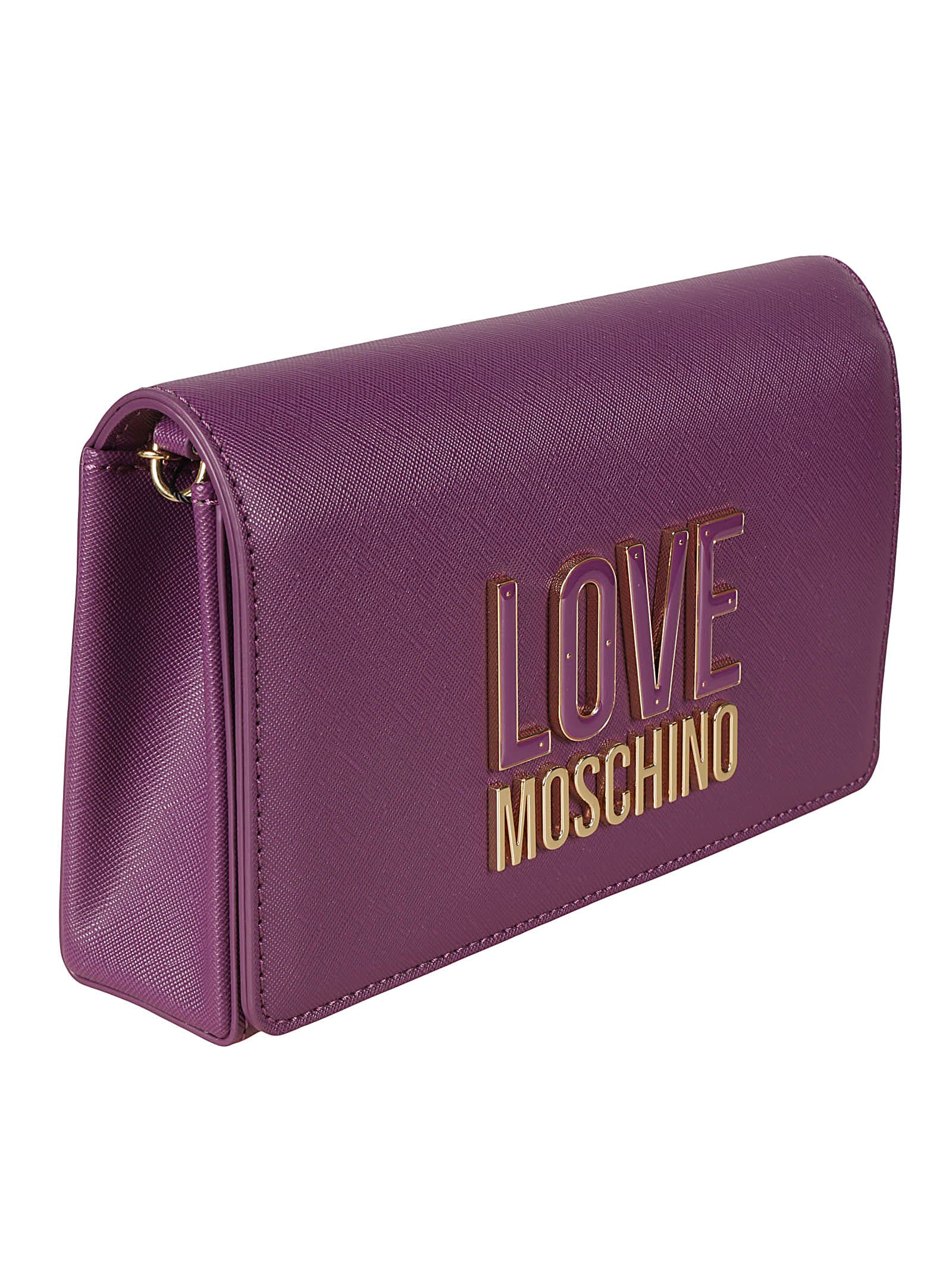 Shop Love Moschino Logo Plaque Embossed Flap Shoulder Bag In Purple