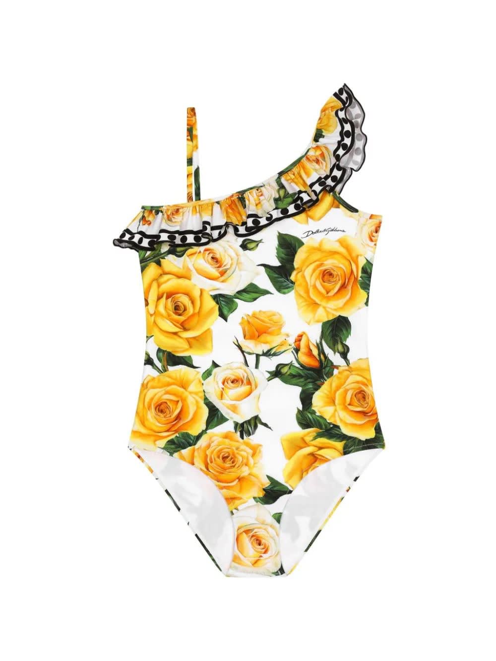 Dolce & Gabbana Kids' One-piece Swimwear In Lycra With Yellow Rose Print